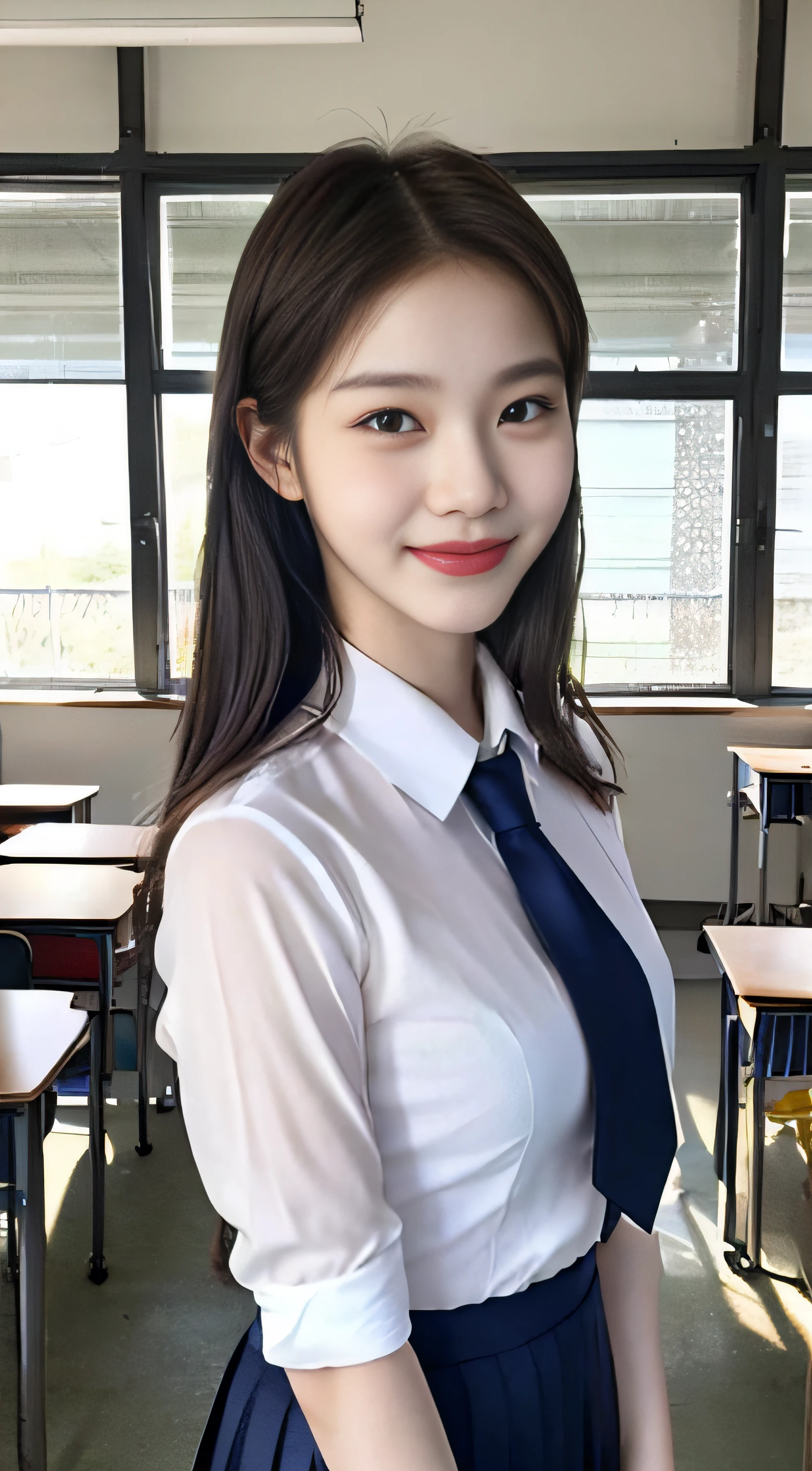 Highly detailed 8k wallpaper), Sharp focus, detailed , Dramatic, , Delicate and beautiful schoolgirl, Sheer white shirt, tie, dark blue pleated micro mini, Smile with,looking at the spectator, graphics beautiful, Bright school building, Stand in the classroom,windows