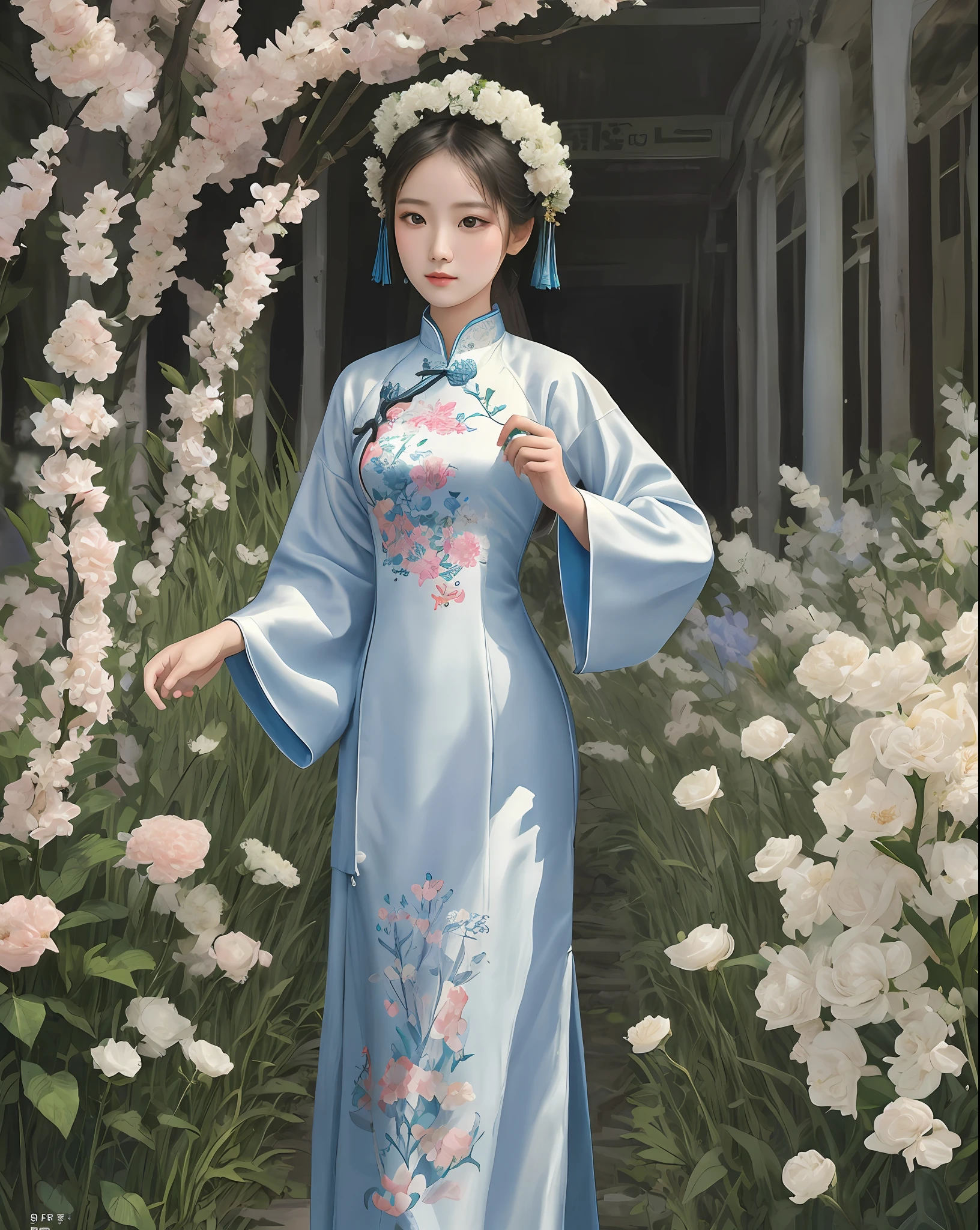 aodai tradition viet nam  style, by Ernst Haeckel, exquisite illustration of a girl wearing vintage flowers, pixiv, facing forward, masterpiece ,magichands, magichands,vietnam girl