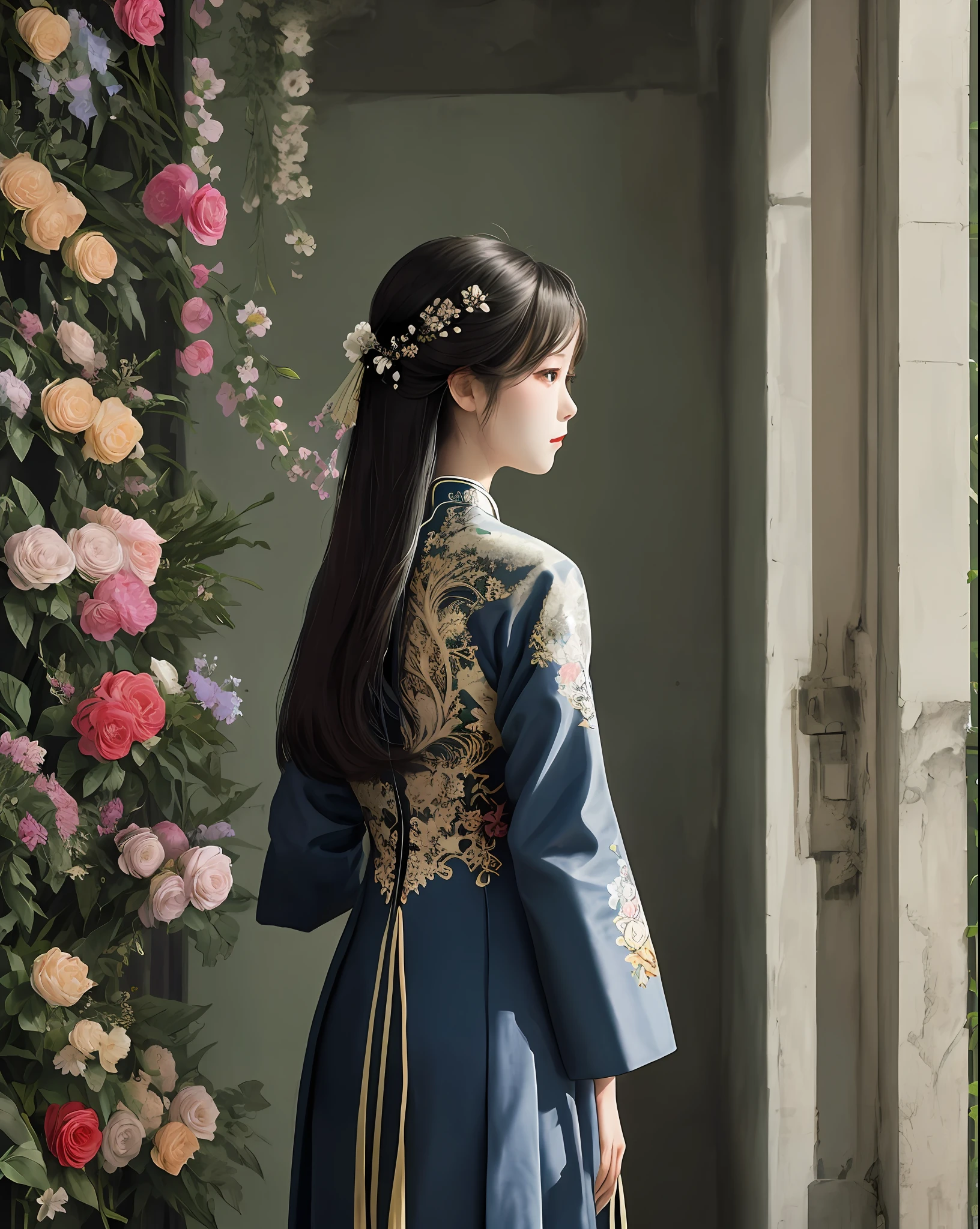 aodai tradition viet nam style, by Ernst Haeckel, exquisite illustration of a girl wearing vintage flowers, pixiv, facing forward, masterpiece ,magichands, magichands,vietnam girl