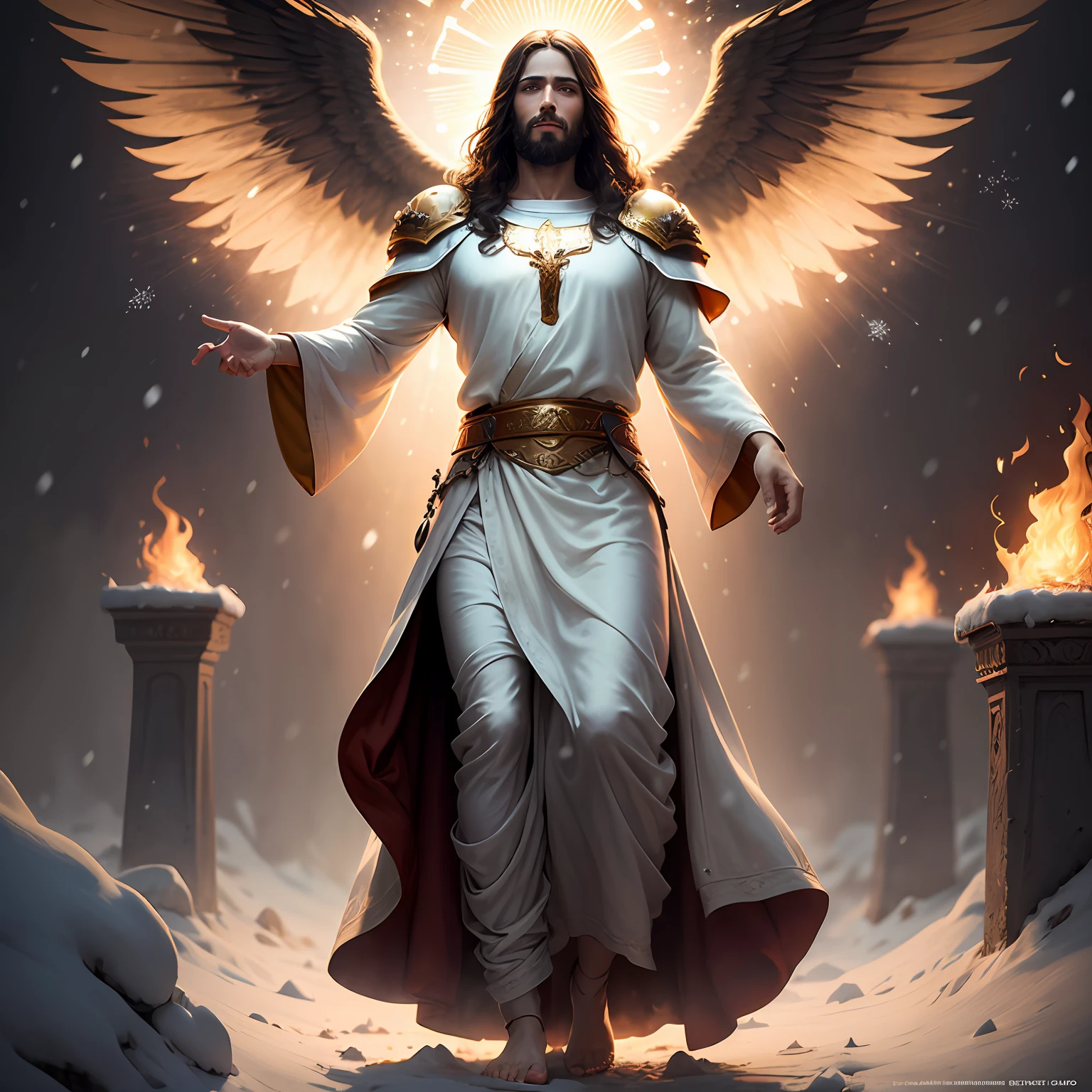 Jesus Second Coming in Heaven, face like the midday sun, crown, a tunic and a golden breastplate, hair and beard white as snow, eyes like flames of fire, feet like refined bronze in the furnace, light smile, Surrealism, backlighting, cinematic lighting, high quality, high details, best quality --auto