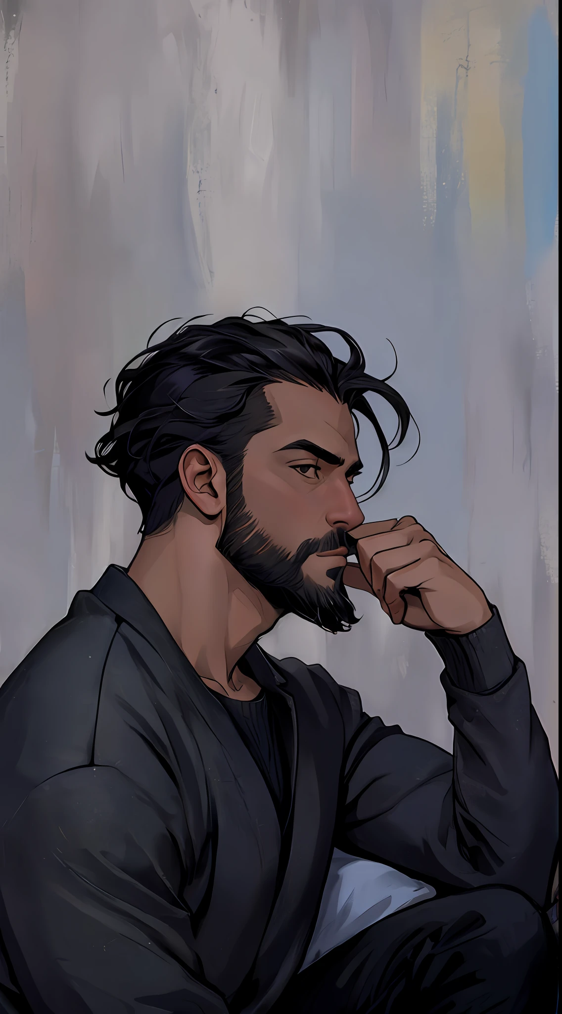 there is a man with a beard sitting on a bed, retrato de perfil lateral, retrato centrado no perfil lateral, barba encaracolado preta, olhando para a sua esquerda, barba preta encaracolado, Absorto em pensamentos, looking to the side off camera, barba enrolada, imagens de retrato lateral, taken in the early 2020s, perfil lateral cenetered retrato, Riyahd Cassiem
