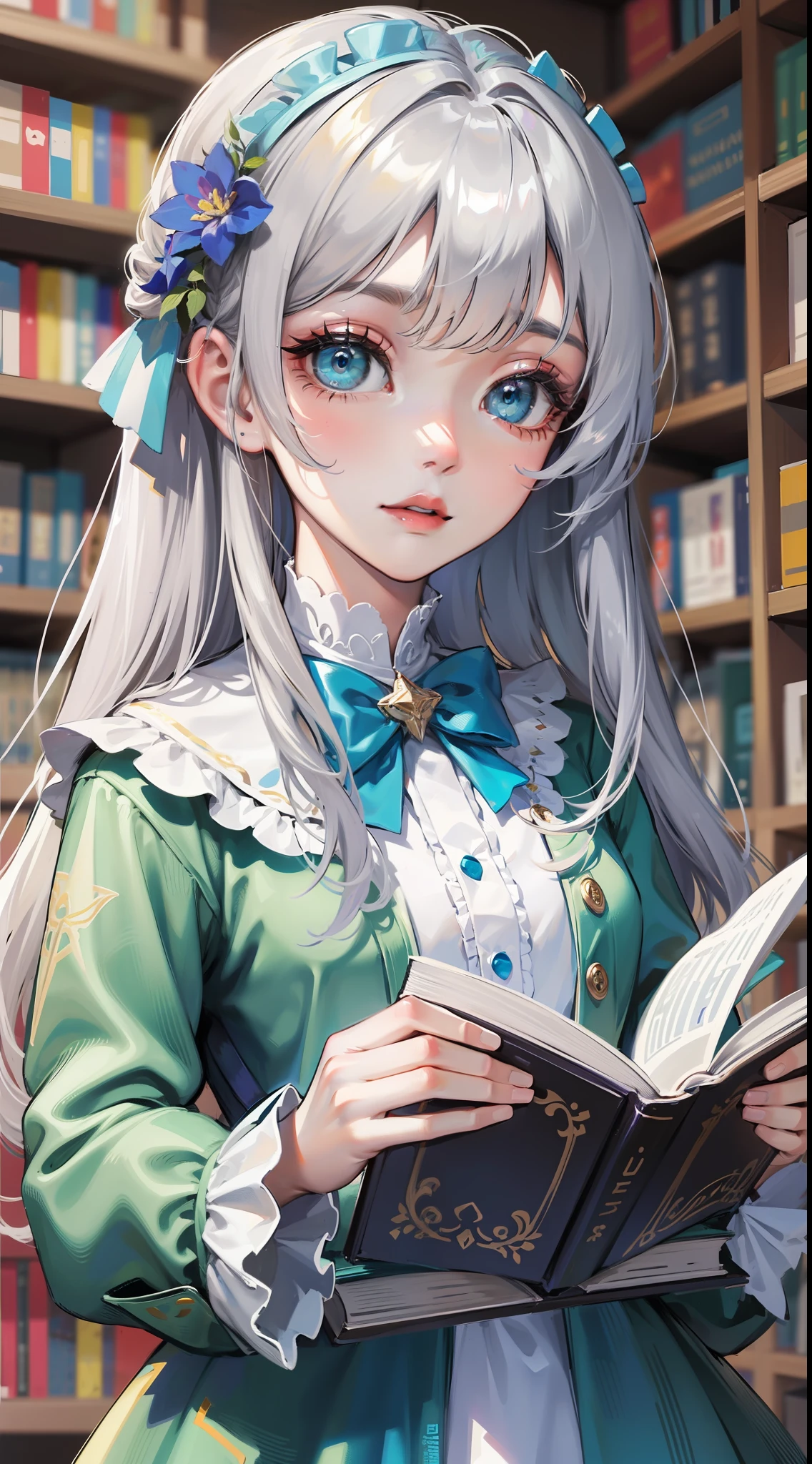 small girl, Long silver hair, Cyan eyes, blue dress, хмурая, book, Masterpiece, high qulity