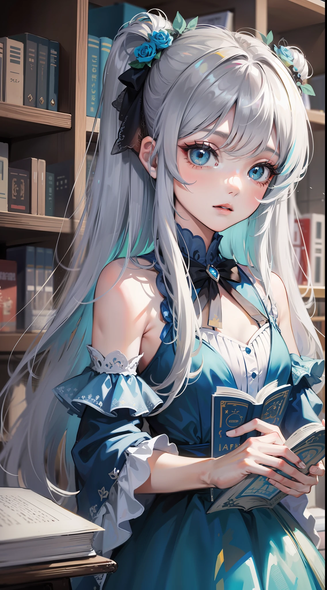 small girl, Long silver hair, Cyan eyes, blue dress, хмурая, book, Masterpiece, high qulity