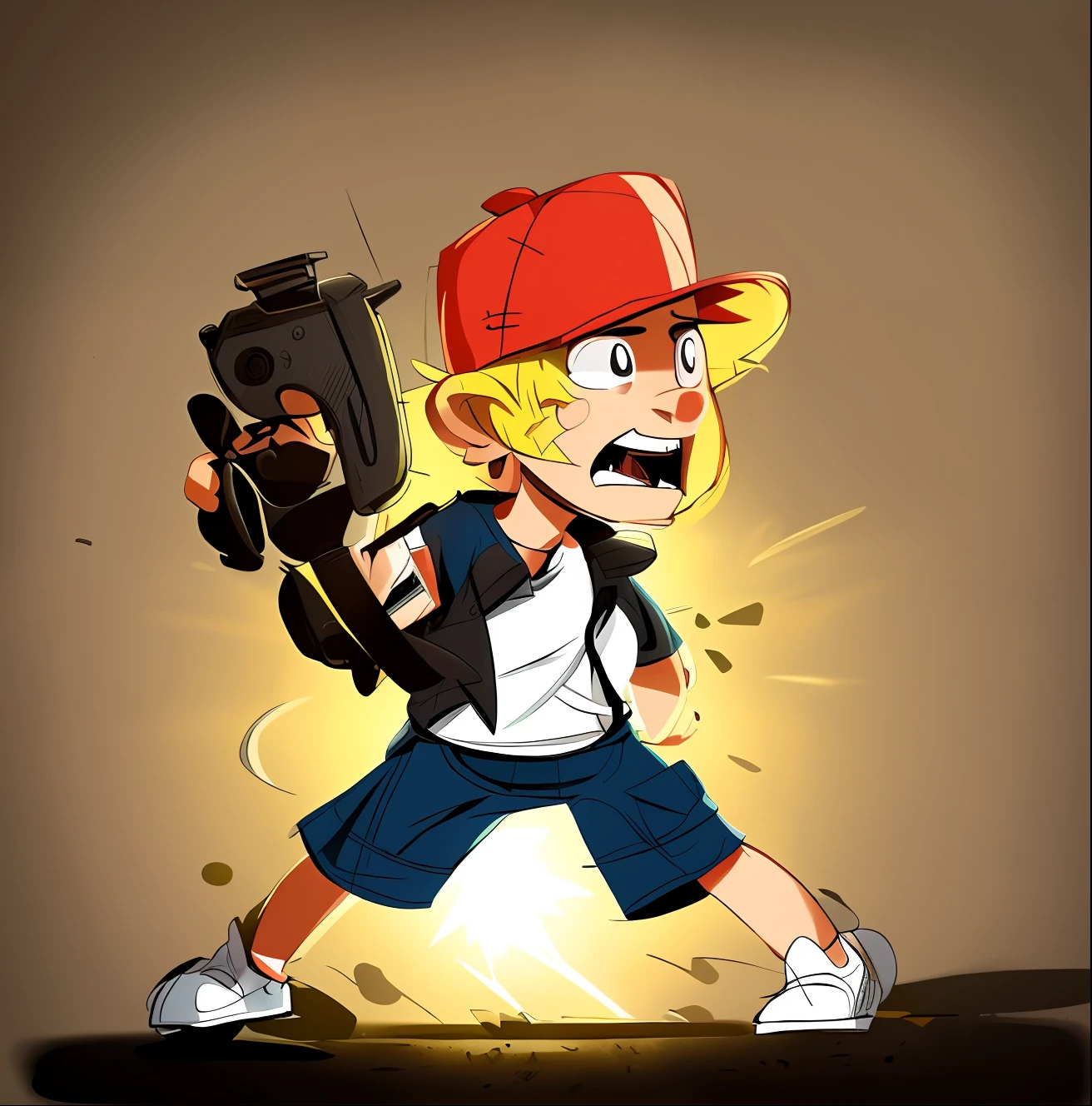 A naughty boy is running，Mouth open, yellow hair, red hat，Holding a toy pistol in his hand