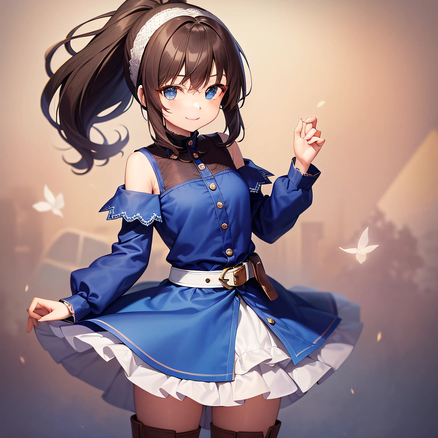 top quality, very delicate and beautiful, girl, , (dark brown hair), blue clothes with vertical buttons, belt at the waist, white skirt, (ponytail)), (white hair band), (brown boots), blue eyes, standing, smile,