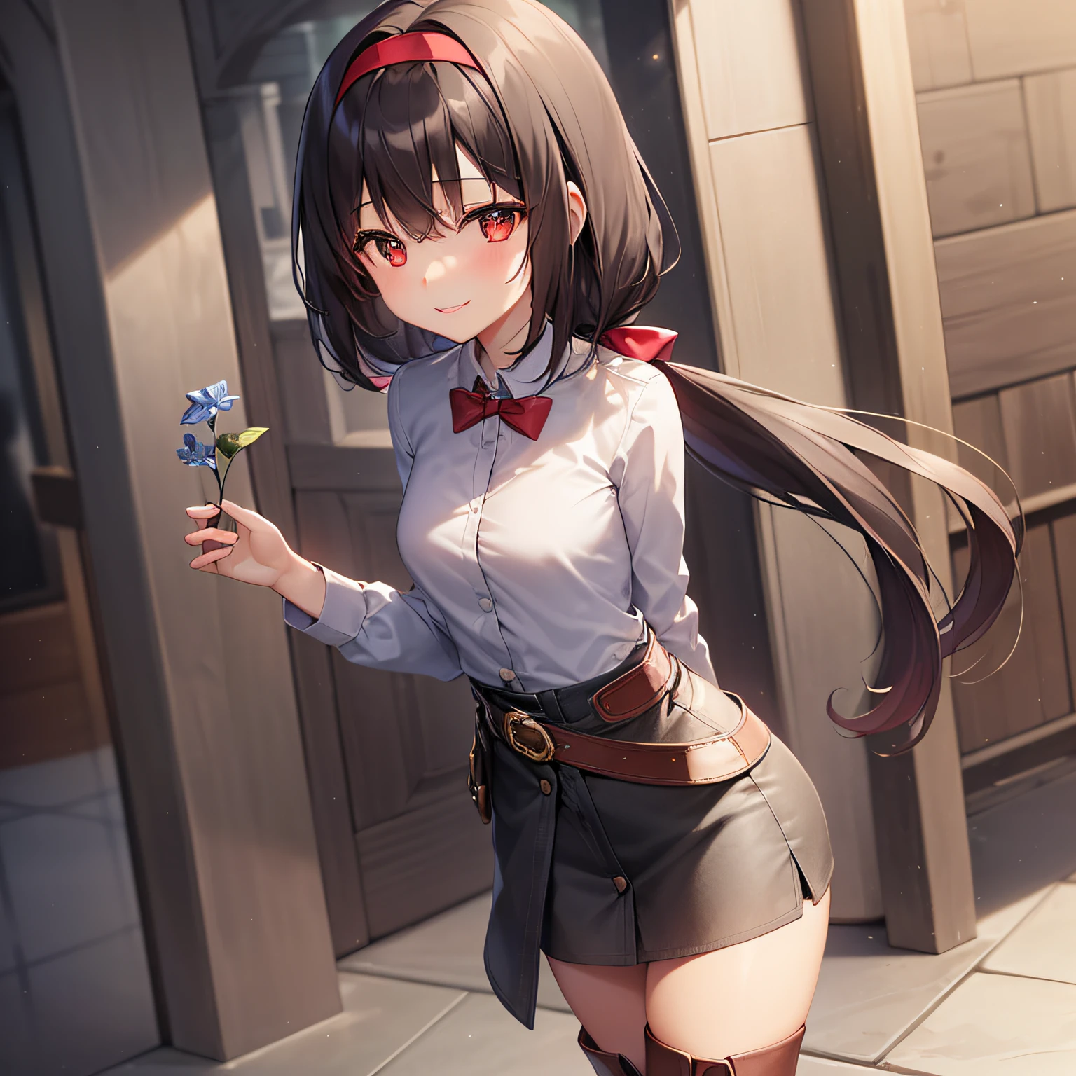 最好的质量、an extremely delicate and beautiful、((One Girl)、11yo、(Dark hair)、Gray clothes with vertical buttons、Belt at waist、Gray miniskirt、((ponie tail))、(red hairband)、(Brown boots)、red-eyed、Standing、smile on face、