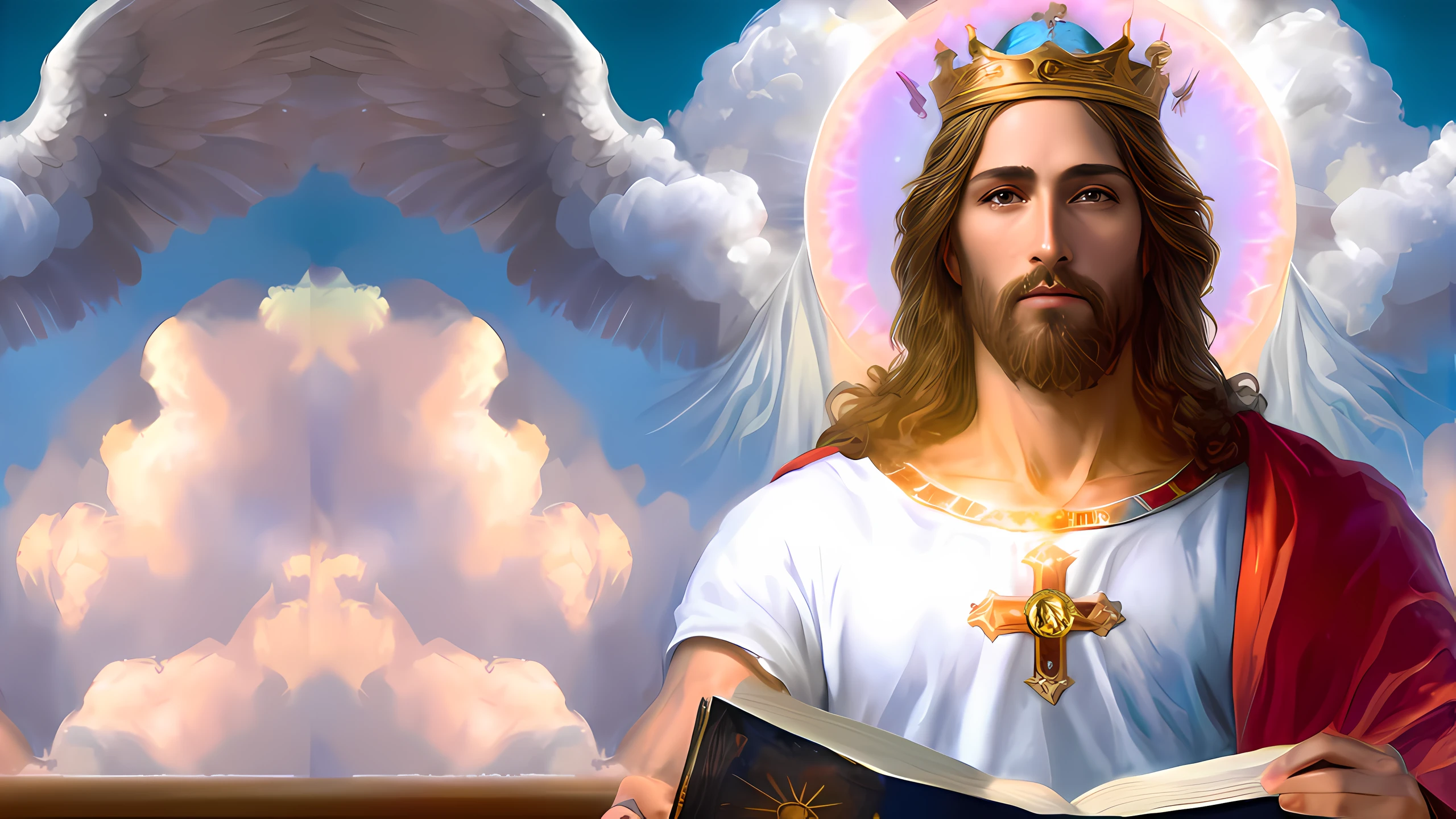 imagem de um homem com uma coroa e um livro, Retrato de um Deus Celestial, Jesus Cristo, Jovem Deus Todo-Poderoso, reino divino dos deuses, Rei dos Reis, deus divino, biblical accurate angel, Retrato de Jesus Cristo, Jesus, queen of heaven, imagens sagradas, imagens religiosas, bible illustration, arte conceitual de deus, fan art, catholic religious art