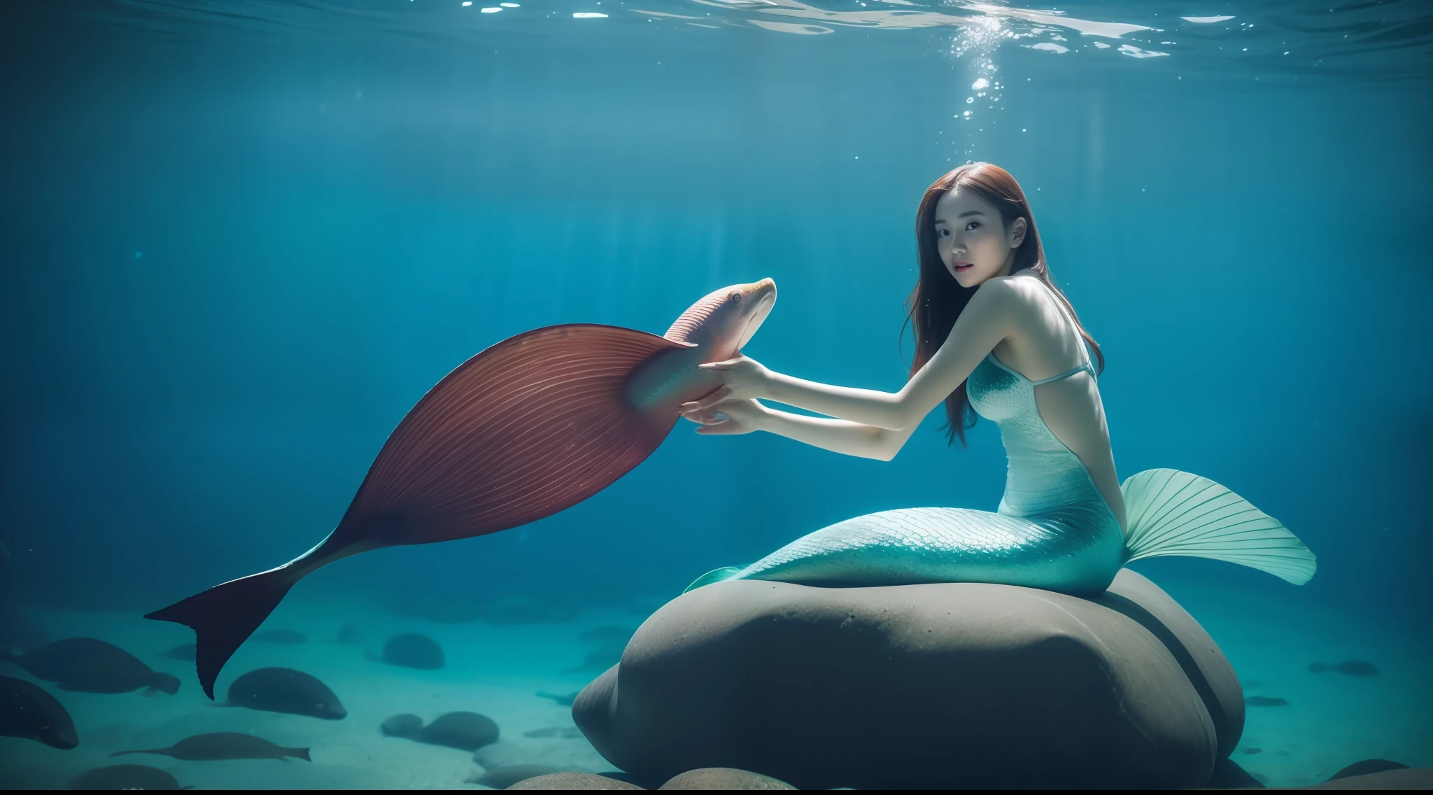 mermaid sitting on a rock in the water with fish, real photoshoot queen of oceans, beautiful mermaid, portrait of mermaid, mermaid, queen of the sea mu yanling, portrait of mermaid queen, underwater photo, a mermaid in the sea, in the sea, underwater shot, sitting in her throne underwater, closeup fantasy with water magic, standing under the sea, under water