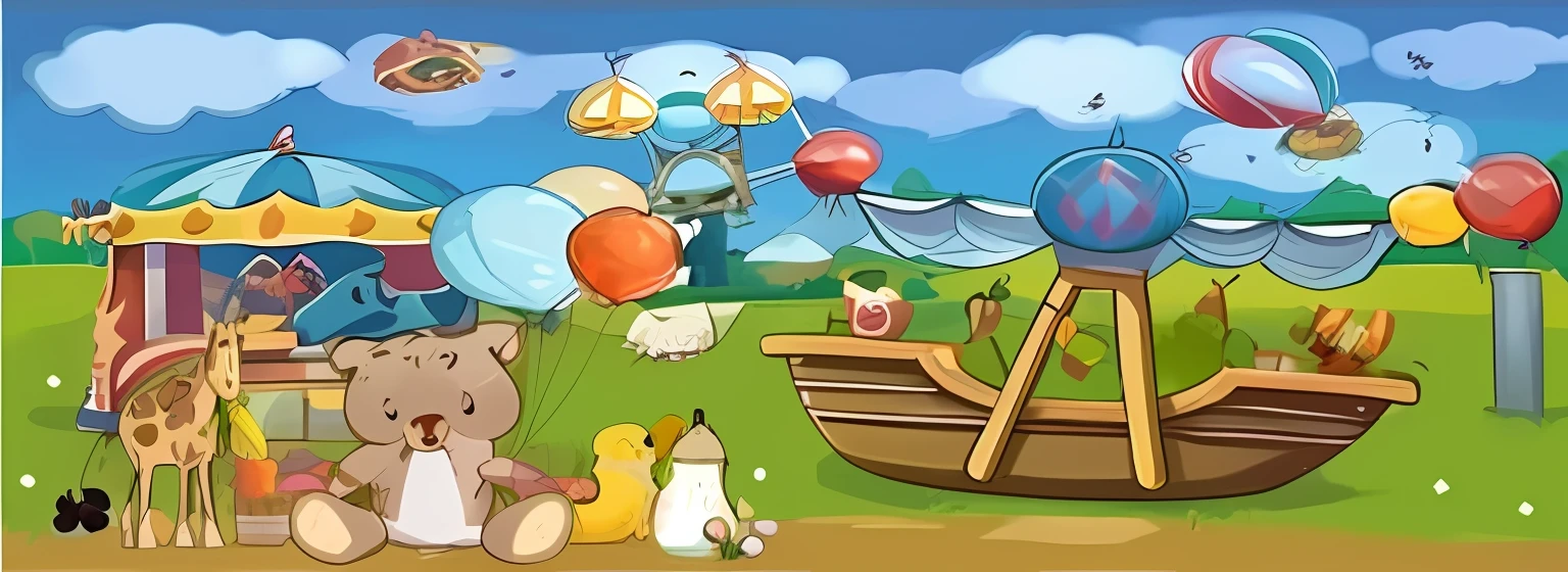 cartoon scene of a carnival with a boat, Tiere, and balloons, hot air balloon, as an air balloon, sunny day time, mobile game, acrace catoon, childhood memory, baloons, Peaceful environment, dia soleado, children's cartoon,The giraffe is a little clearer, 😃😀😄☺🙃😉😗, happy birthay, find the hidden object, 2 d game --auto