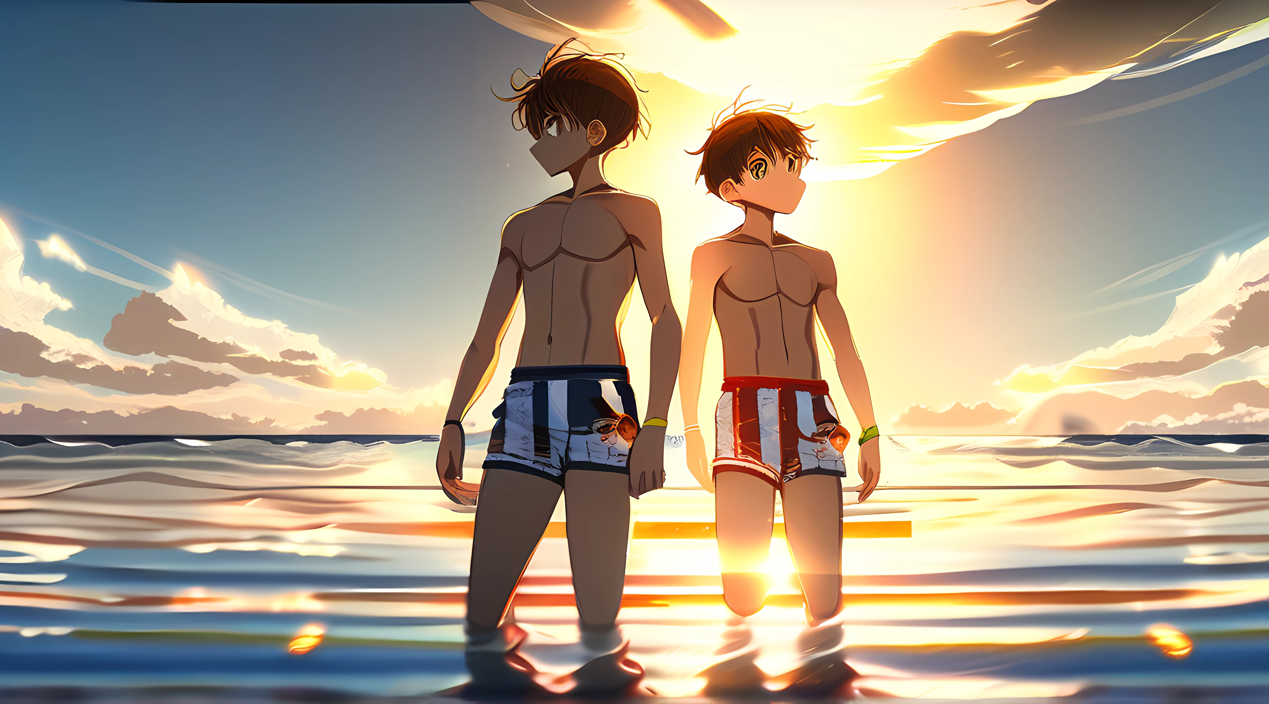 1boys, swimming trunks, Seaside BBQ, The Sun, The sky is clear, Reflection of the sun on the sea, nmasterpiece, high-definition, high detailes, anime style, Hyperrealism, anime style, modern, anime, cinematic lighting, UHD, high quality, high details, masterpiece, highres, best quality, 8k