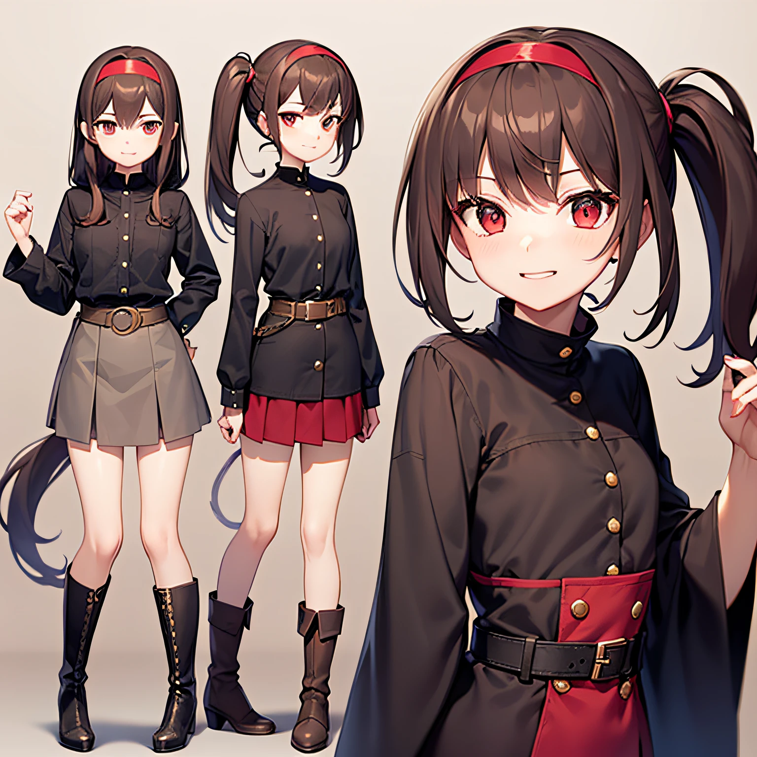最好的质量、an extremely delicate and beautiful、(((Only 1 person)))、、(Dark hair)、Gray clothes with vertical buttons、Belt at waist、Gray miniskirt、((ponie tail))、(red hairband)、(Brown boots)、red-eyed、Standing、smile on face、