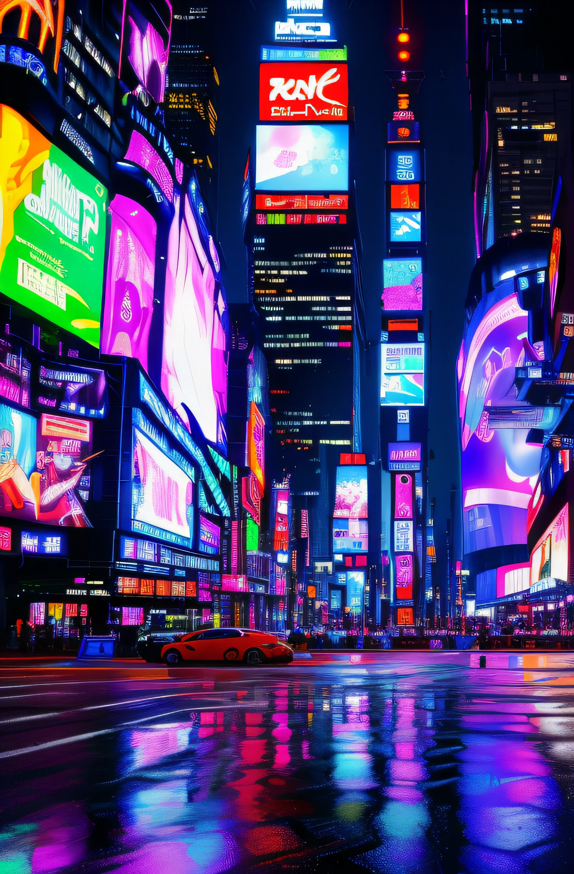 A media calle de Times Square, cyberpunk, realista, noche oscura