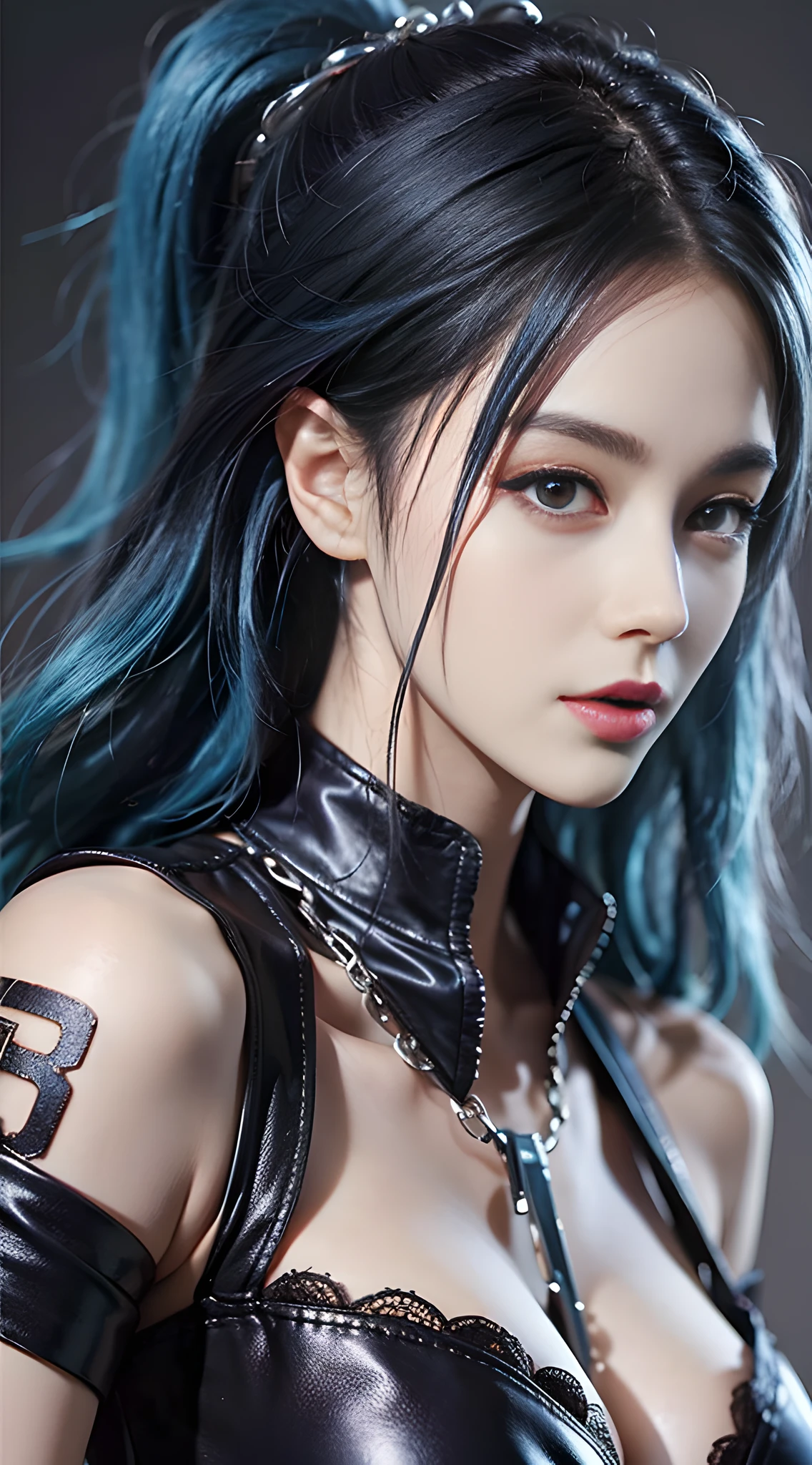 a close up of a woman with blue hair and a leather top,seios gigantescos， kda, Extremely detailed Artgerm, portrait knights of zodiac girl, Jinx in Arcane, IG model | Art germ, jinx from league of legends, Style Artgerm, jinx from arcane, Artistic germ style, Anime style 8K, ! dream artgerm，