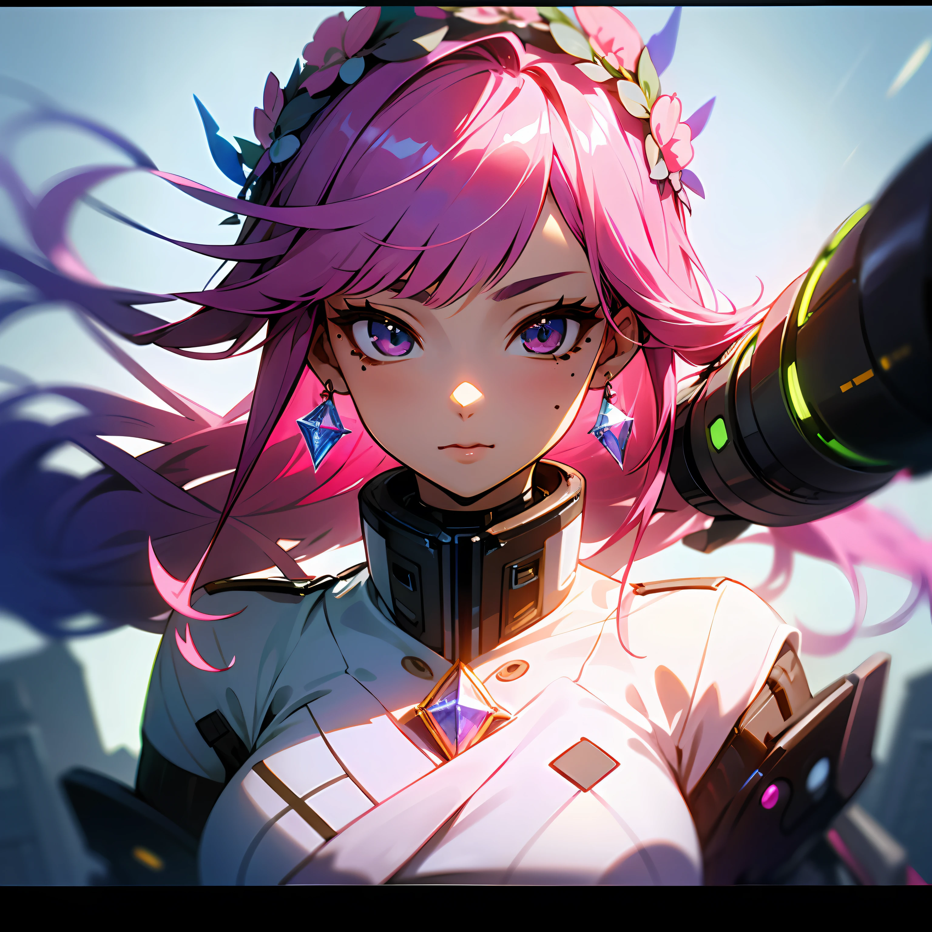 Royal sister, Sexy uniforms, cyber punk style, multicolored hair, pink hair, shiny hair, mole under mouth, head wreath, crystal earrings, jitome, backlighting, depth of field, motion blur, anime style, ray tracing, projected inset, high quality, best quality --auto