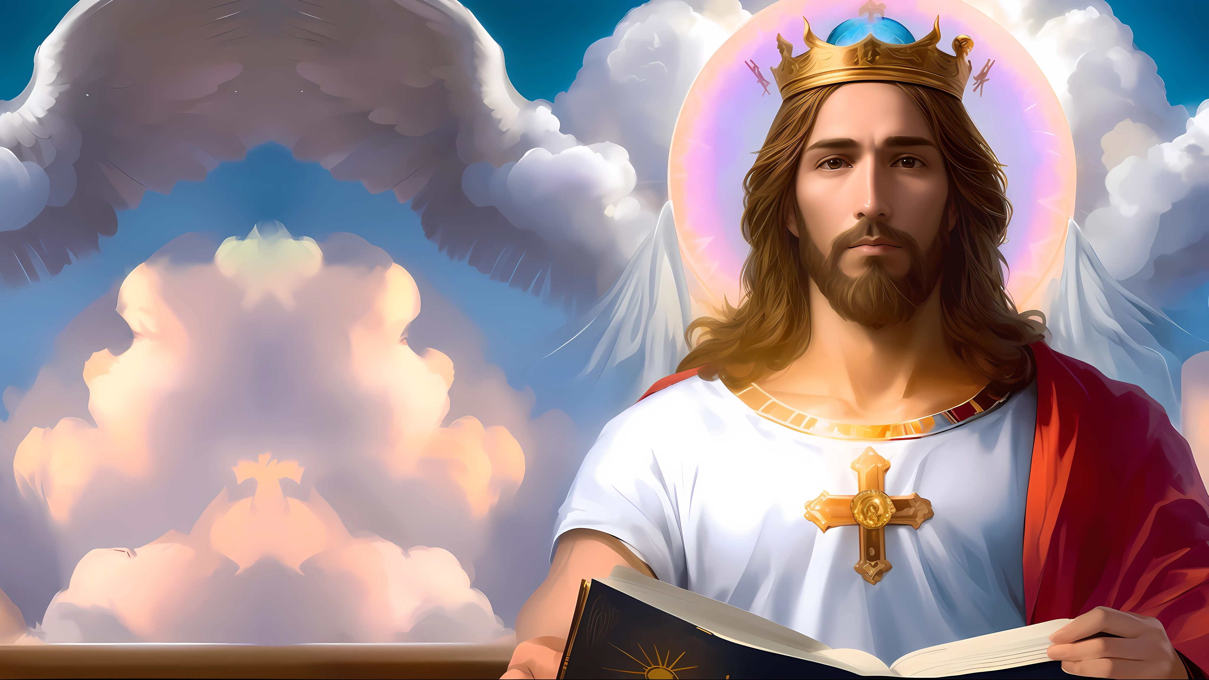 imagem de um homem com uma coroa e um livro, Retrato de um Deus Celestial, Jesus Cristo, Jovem Deus Todo-Poderoso, reino divino dos deuses, Rei dos Reis, deus divino, biblical accurate angel, Retrato de Jesus Cristo, Jesus, queen of heaven, imagens sagradas, imagens religiosas, bible illustration, arte conceitual de deus, fan art, catholic religious art