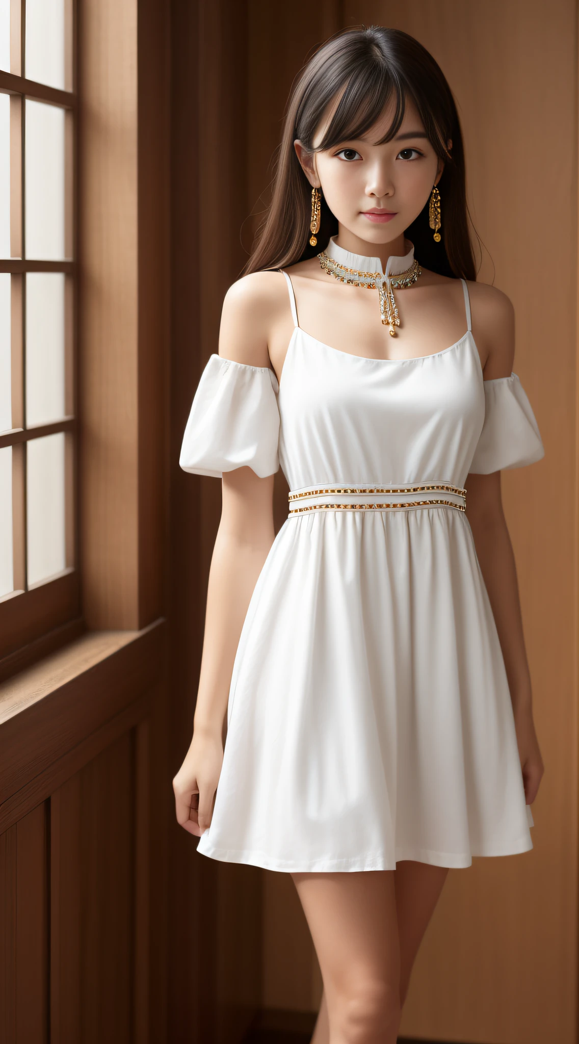A beautiful and beautiful girl wearing a pure white cotton A-line dress。This dress is mid-length,The collar type is a light round neck,The sleeve type is wide shoulder straps without sleeves。In particular,This dress is trimmed with lace at the waist,The chest is also fitted with handmade beads。This dress is perfect for everyday wear and date occasions。