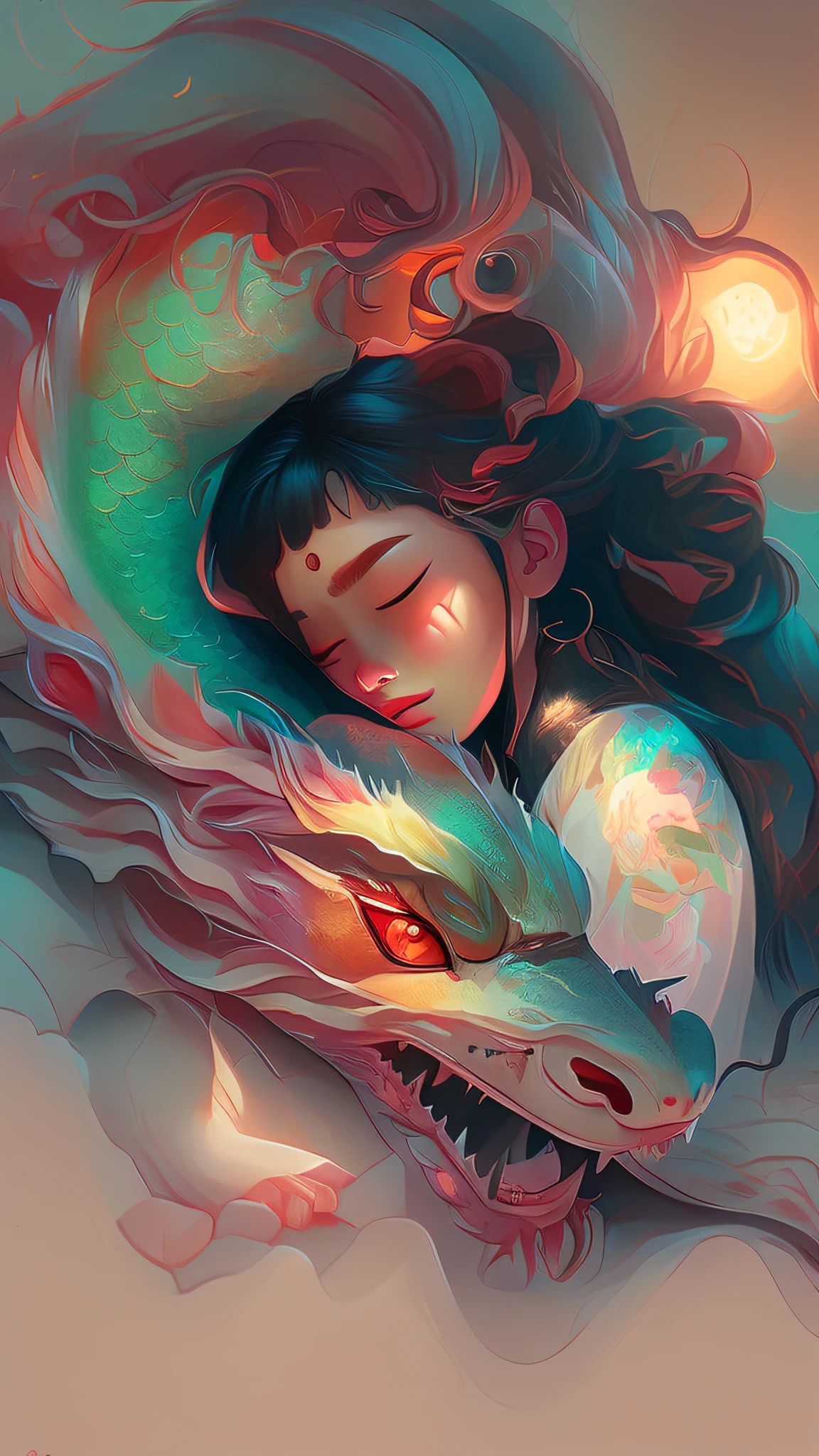 painting of a woman sleeping with a dragon on her back, the dragon girl portrait, loish and ross tran, dragon girl, a beautiful artwork illustration, beeple and jeremiah ketner, artwork in the style of guweiz, exquisite digital illustration, chinese fantasy, fantasy art style, beautiful digital artwork, alice x. zhang, rossdraws pastel vibrant