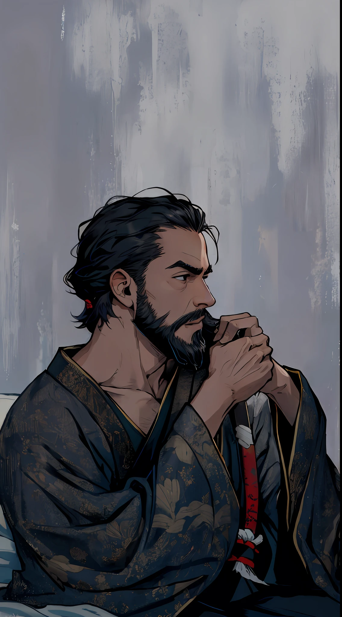 there is a man with a beard sitting on a bed, samurai, vermelho,
