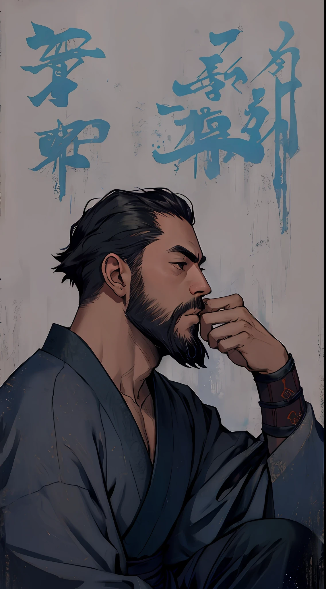 there is a man with a beard sitting on a bed, samurai, vermelho,