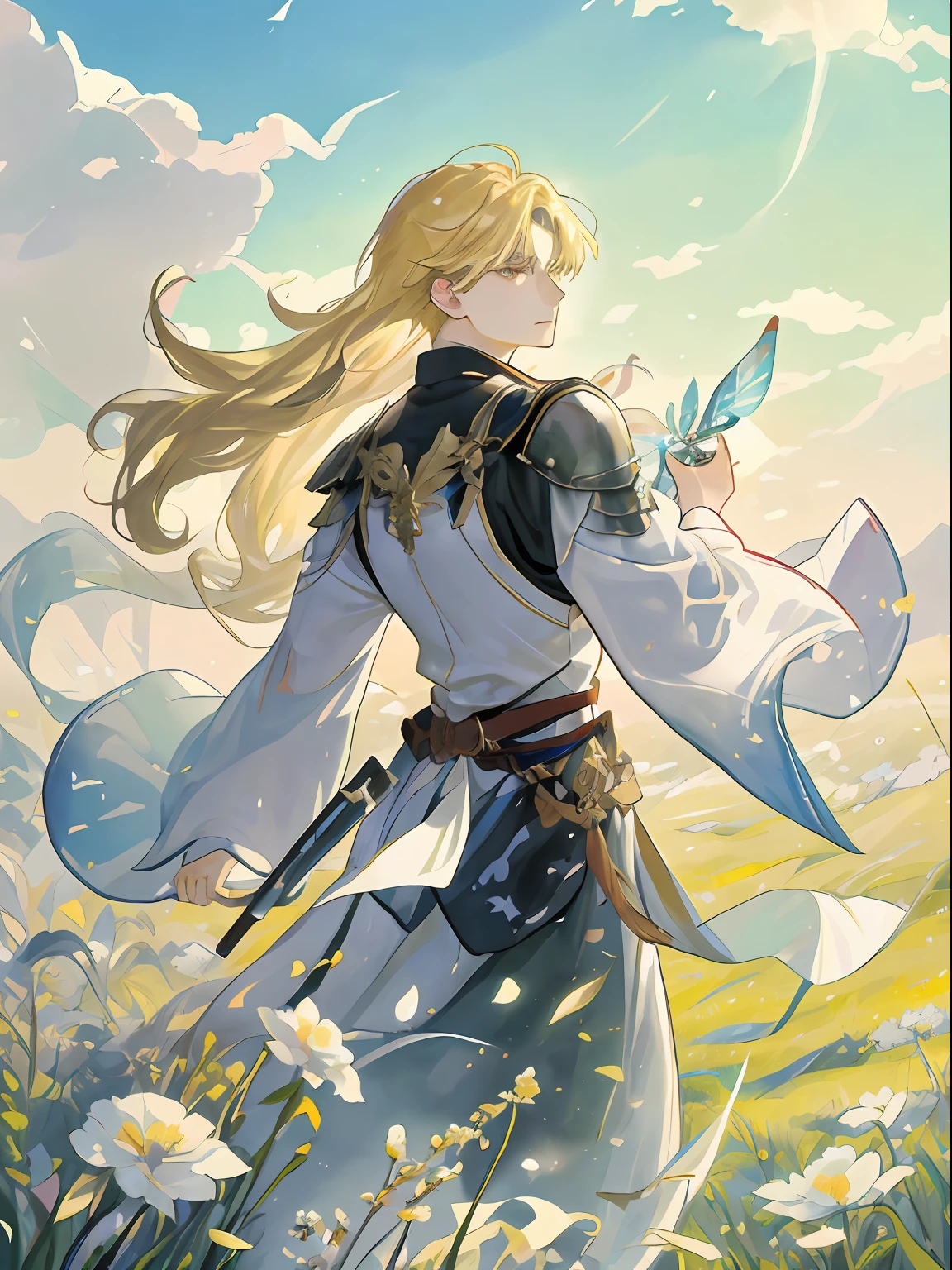 ((最好的质量、A masterpice))、Depicts the image of a beautiful blonde male wizard and a strong black-haired man in black armor standing in a meadow。Beautiful blonde man in white robes、Its robe is depicted as fluttering in the wind。His long blonde hair is、It extends gracefully to the back.、It expresses the appearance of fluttering in the wind。
The surrounding grasslands are、It is painted in bright and vivid colors.、It is expressed with a soft touch like a watercolor painting。The wind churning the meadow、You can feel the dancing grass and flowers。