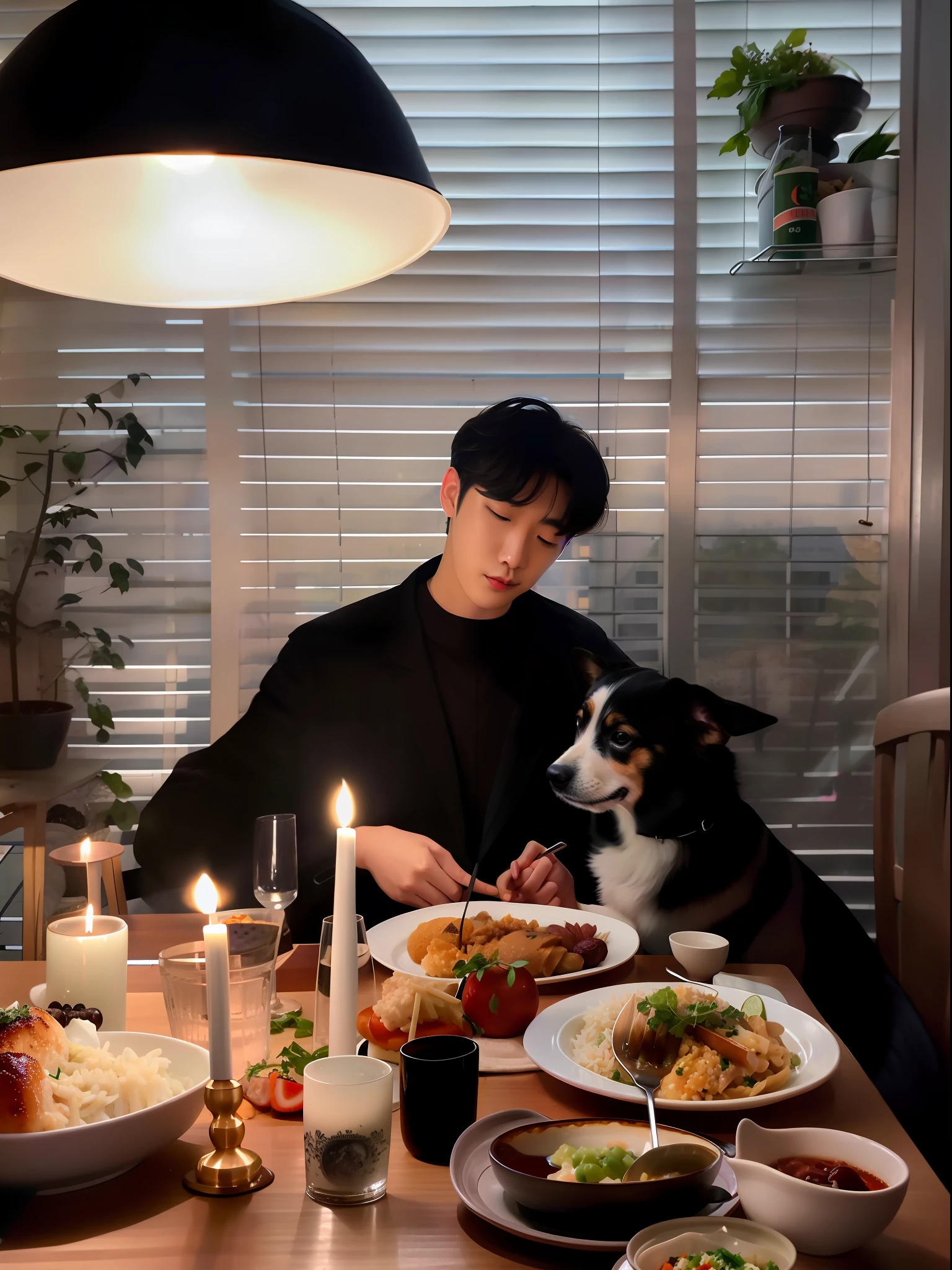 There was a man sitting at a table,Holding a dog and a plate of food, Cai Xukun's, jinyoung shin aesthetic, mukbang, with dogs, at a dinner table, jungkook, aesthetic shot, Eating, Inspired by Zhang Han, wonbin lee, kim doyoung, author:Emma Andievska, having an awkward dinner date, inspired by jeonseok lee