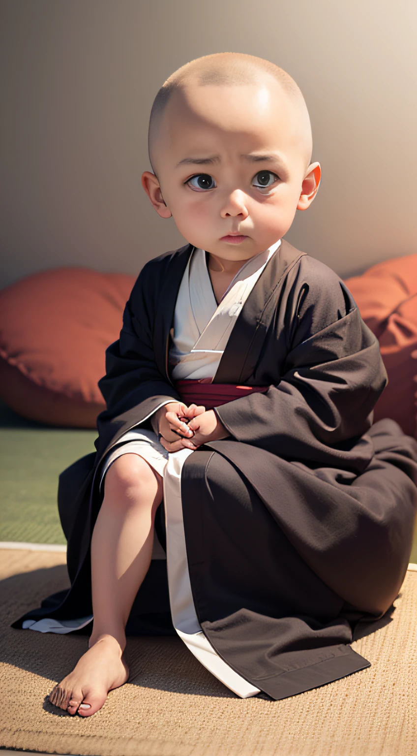 A small bald monk in a monk's robe,4- look,ultra-high-definition images,Zen influence,elegantly,Sit cross-legged on a futon in the front,Fold your hands,Emotional face - AR9:16 --auto