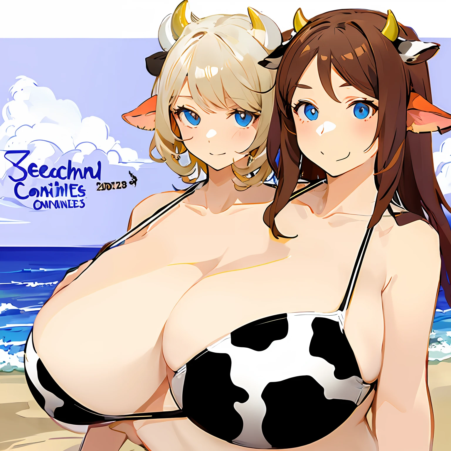 cow bikini, horns, two heads, two headed, conjoined twins, conjoined twins in bikini, large breasts, cleavage, cow ears, two heads one one body, two headed girl with one blonde head and one brunette head, conjoined twins at beach,