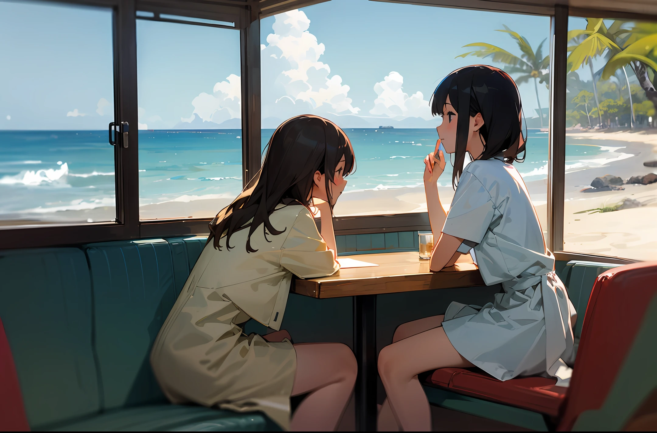 Hawaii's seaside。A warm breeze blows into the kitchen。I took a deep breath of the sea,Look out at the waves。
Outside the window,Cathy and Jessica were sitting at the table chatting。