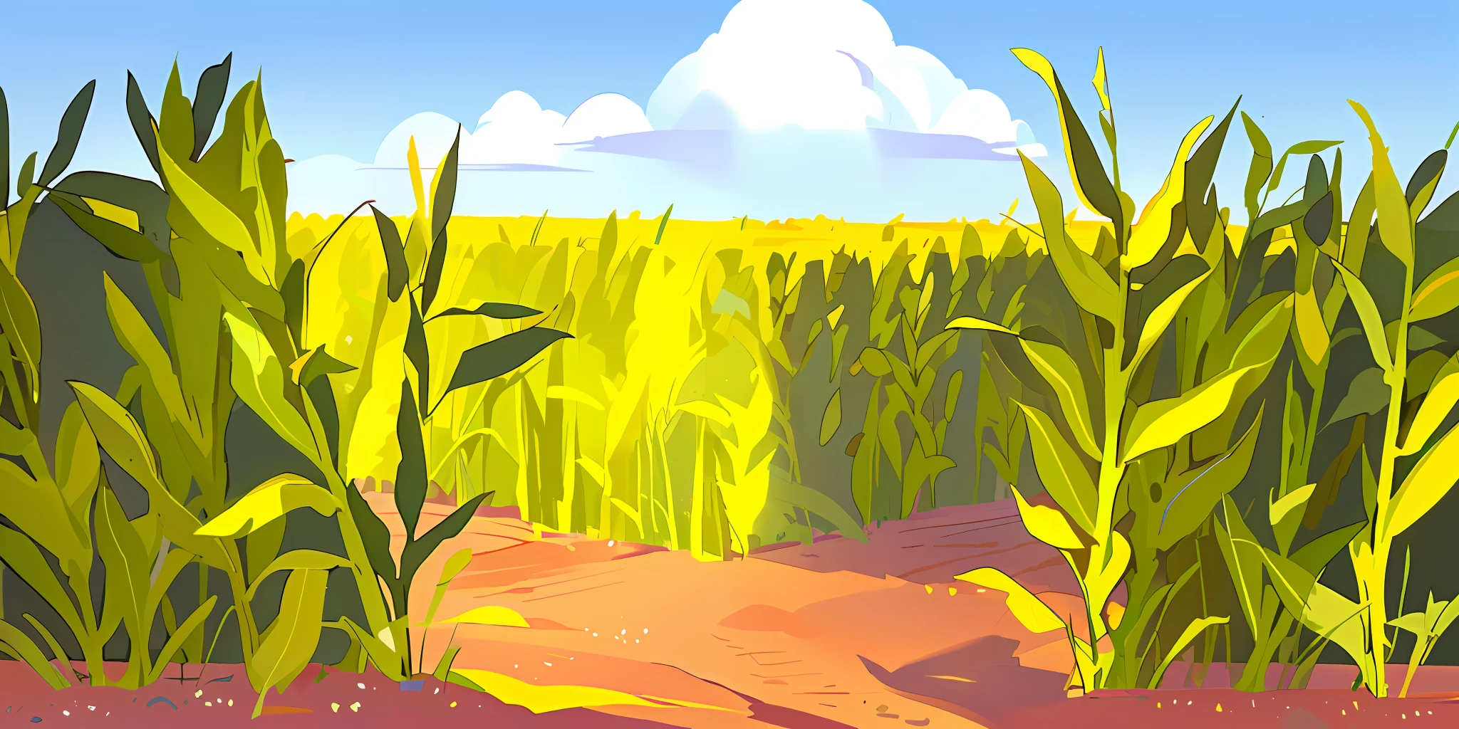 there is a cartoon picture of a dirt road through a field, arte de fundo, field background, background artwork, farm background, farm field background, Color field painting. 8K, 2d game background, distant background, Anime background art, in field high resolution, videogame background