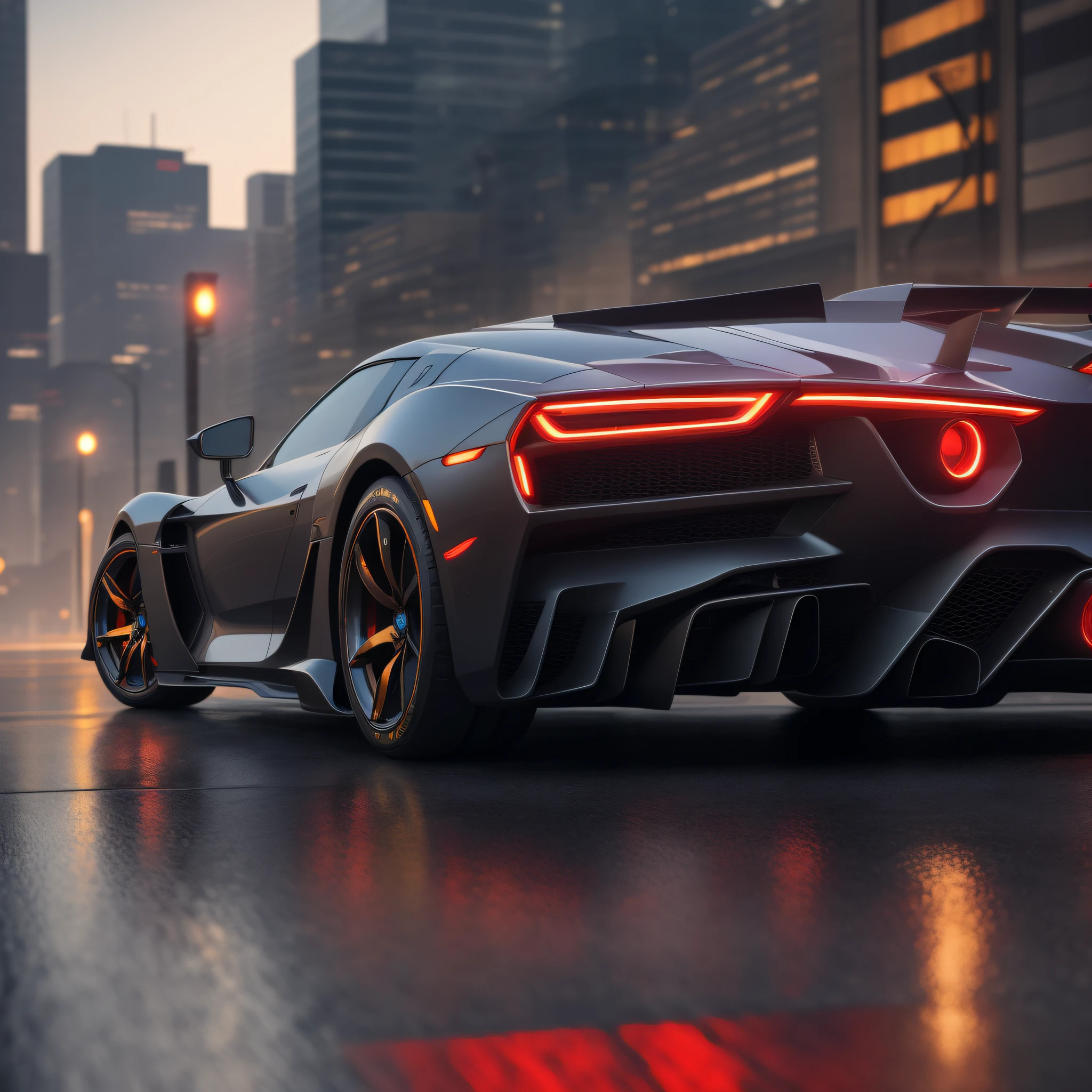 Side view,Road run,Sense of speed,((巨作,Best quality)),Ultra-detailed, 4K, high resolucion, Cinematic, widebody sports car, Vehicle focus, City, Neon lights, skyscraper, --auto