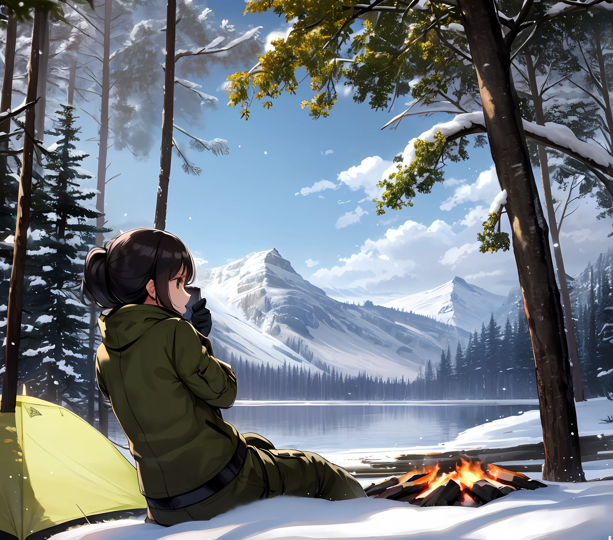 Best qualities，nmasterpiece，1girls，25age，Hair tied up in a back，Outdoor jacket，cargo pants，Thick gloves，Sit on a camping chair around the campfire，late morning，lakes，Beautiful snowy mountains in the background