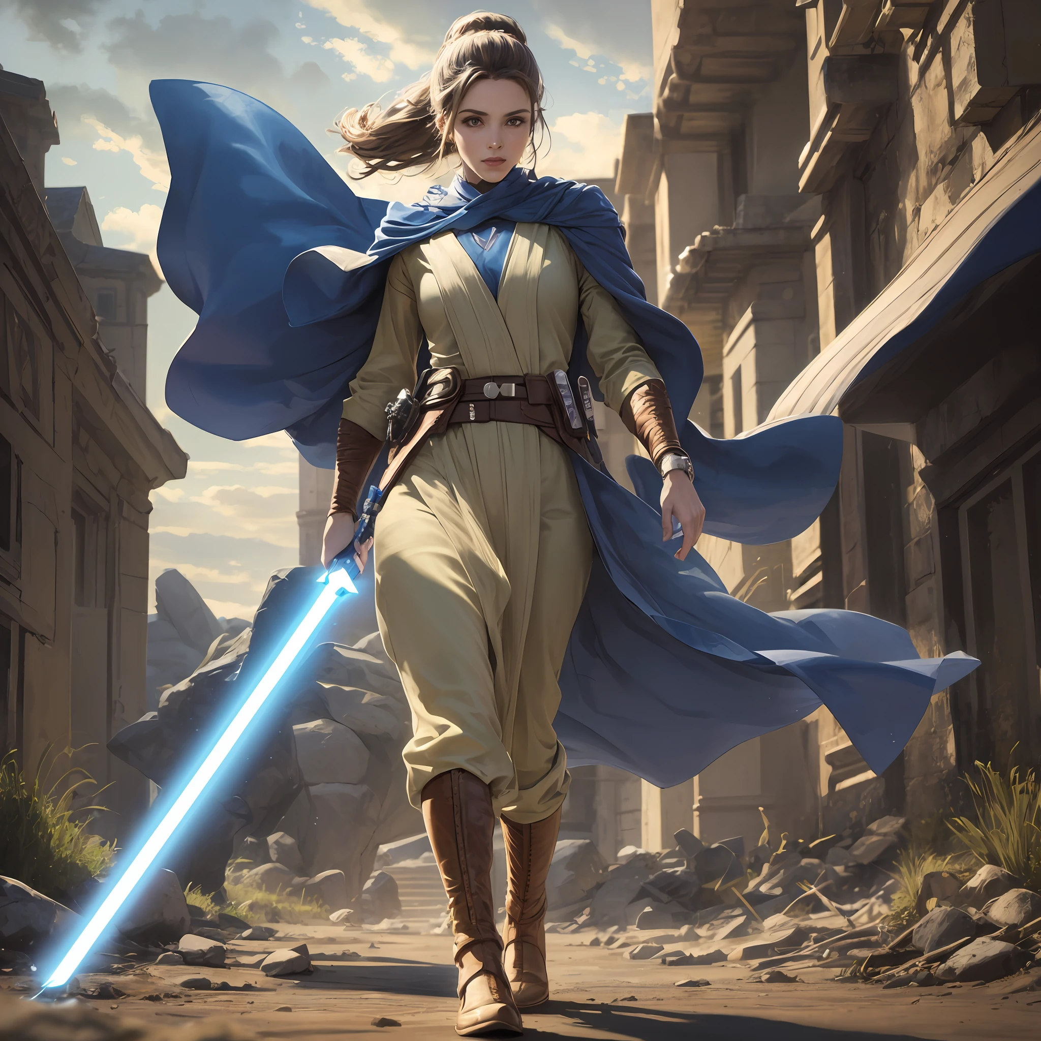 um jedi feminino, vestindo capa, sabre de luz azul, num campo de batalha, medieval, --auto
