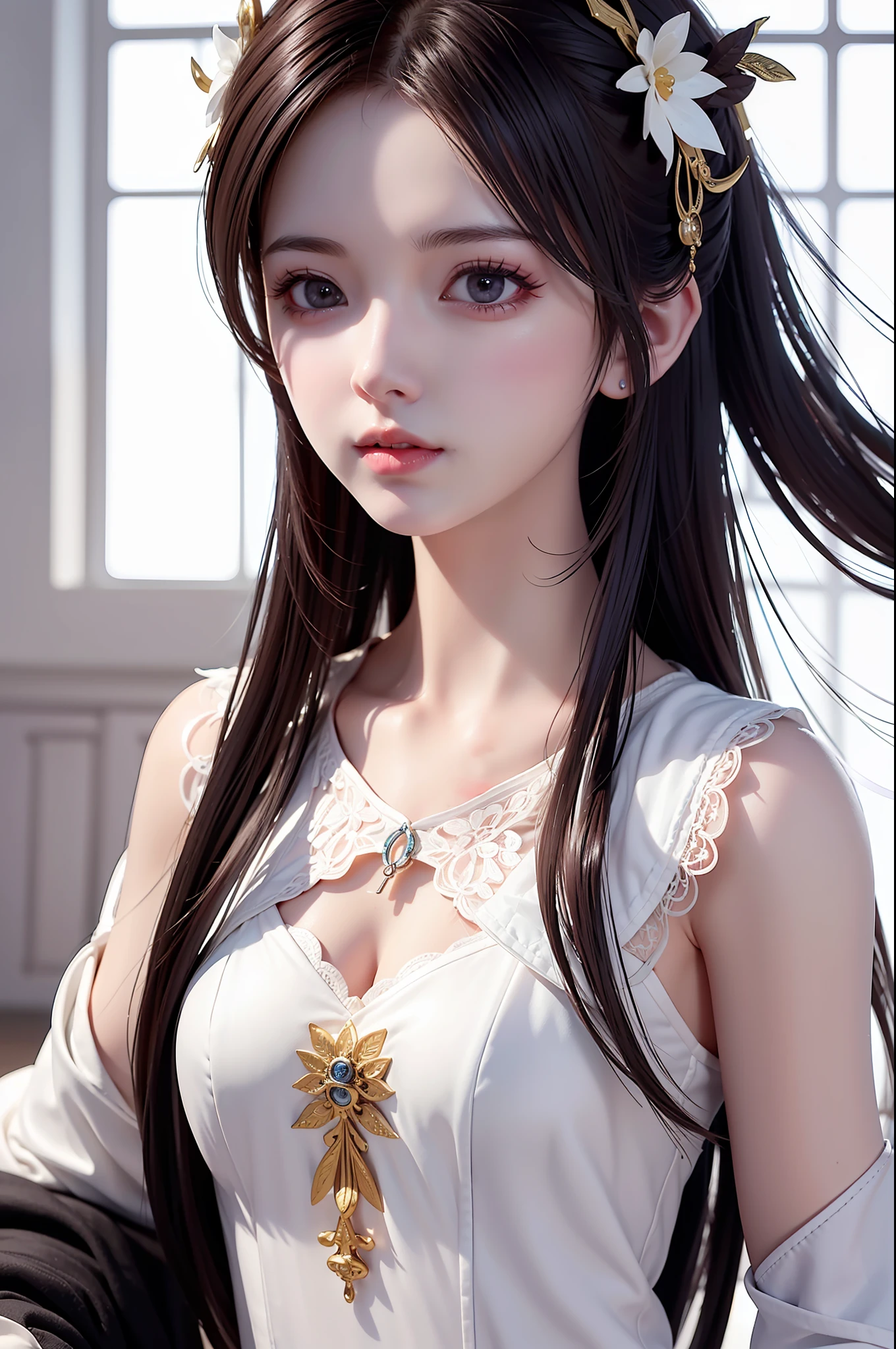 ((巨作))), ((Best quality))), ((Ultra detail)), (Ultra photo realsisim), (High Definition CG Illustration), Cinematic light, Photorealistic,Very Beautiful  Lady,12 Year OldLight makeup, Intricate details eaba, White Intricate Lace Cloak, Dynamic pose, spears