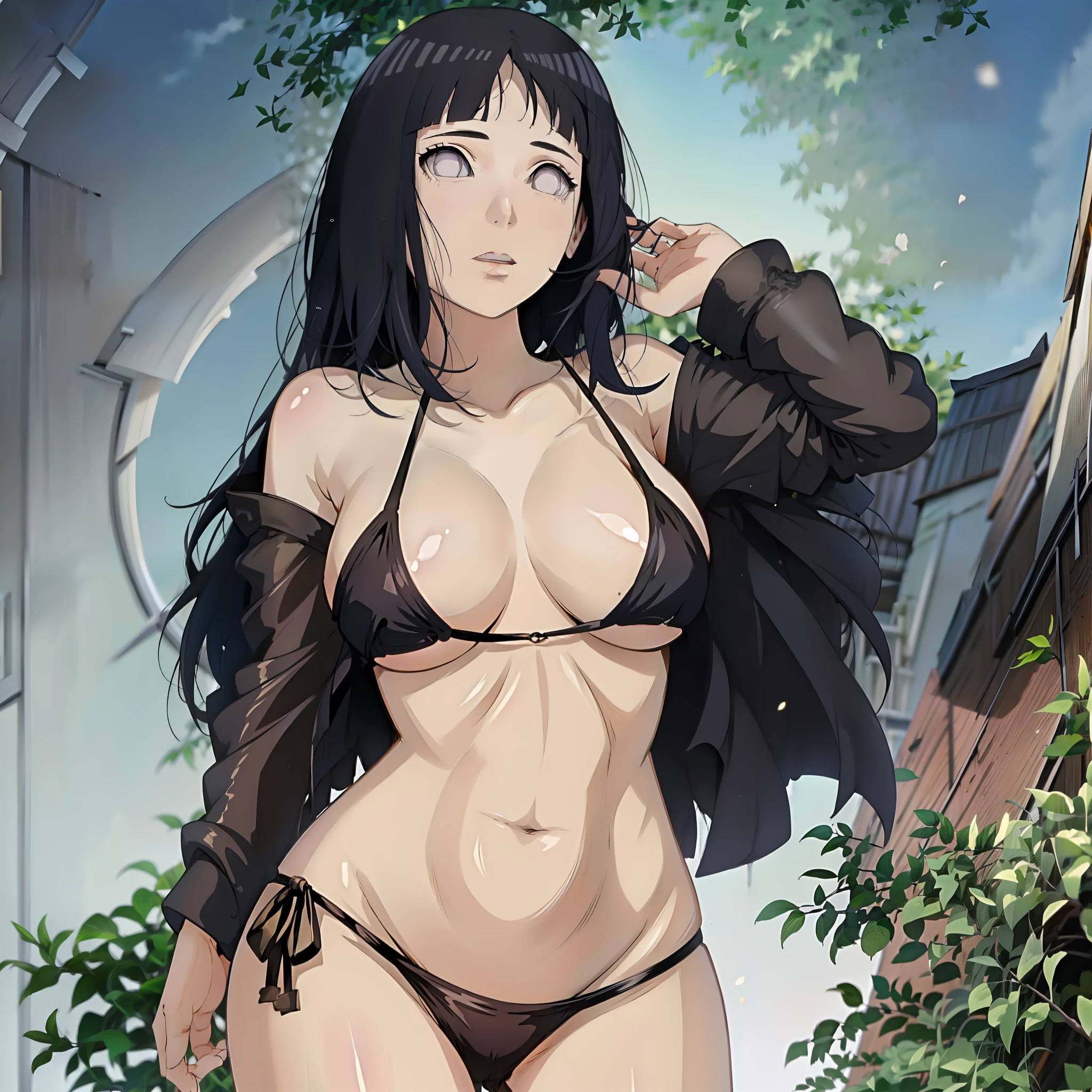 melhor qualidade, highres, 1girl, solo, cabelo preto, , rabo de cavalo dobrado, olhos laranjas ,  grandes, micro , ao ar livre, Cowboy Shooting ]