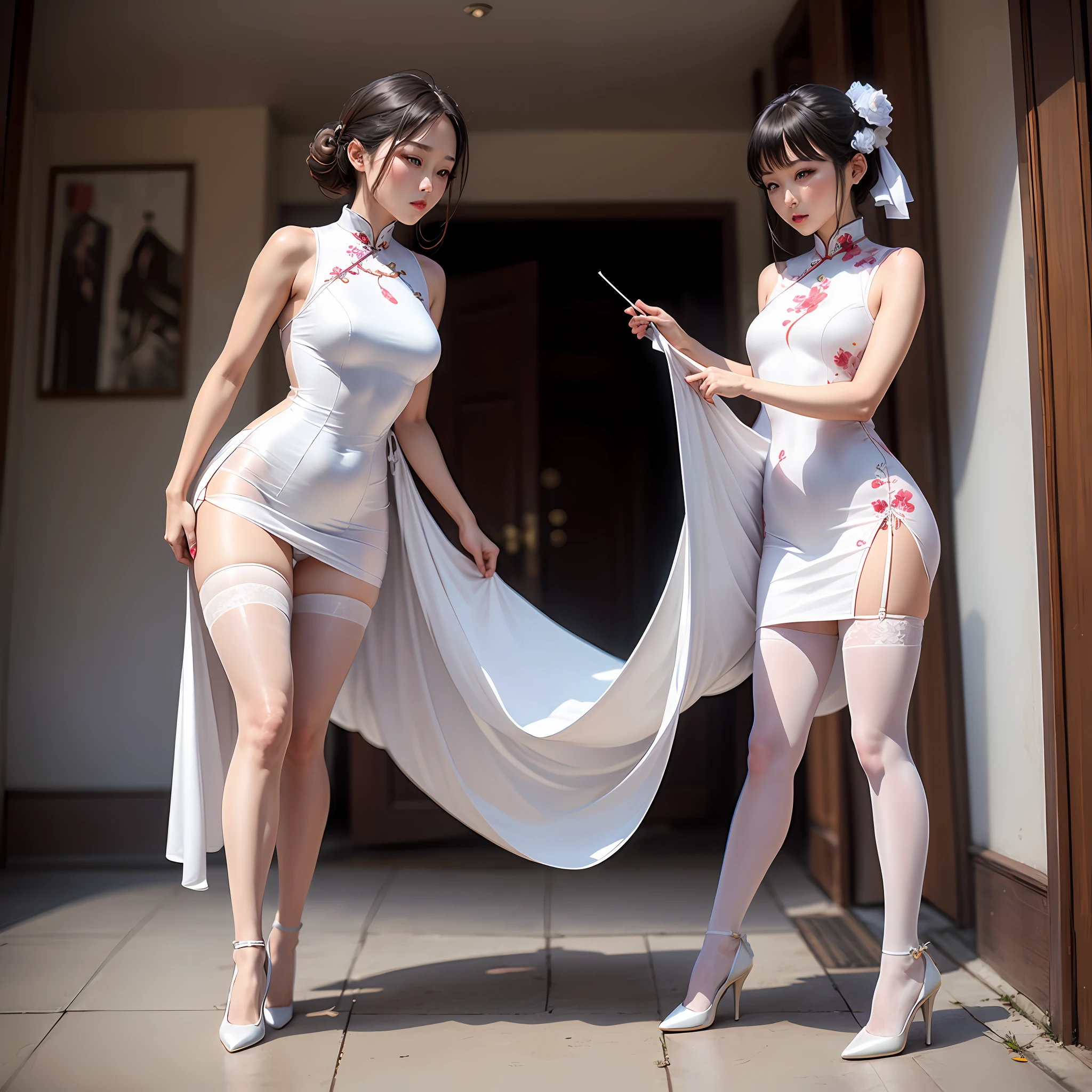 Royal sister,Silk transparent cheongsam,The front hem of the cheongsam is lifted,White silk tights,whole body photo,high heel shoes,Roll your eyes --auto