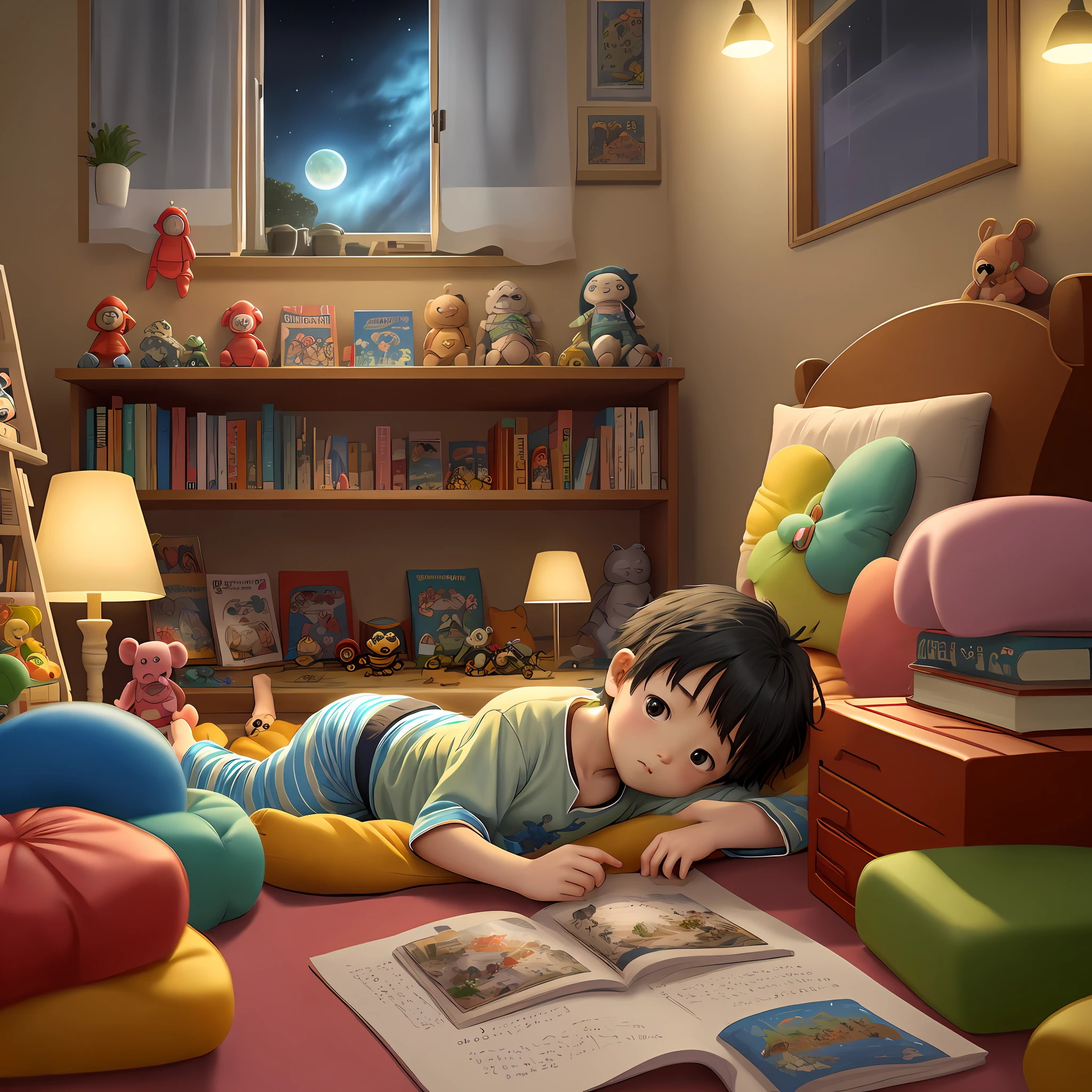 Like the real thing、beautiful photo、The World of Hayao Miyazaki、by night、In the house、A 5-year-old boy wakes up、Absent-minded、Open your eyes、wearing pajama、Lots of toys in the room、butterflys々and beetle toys、Boken、Car Toys、building block