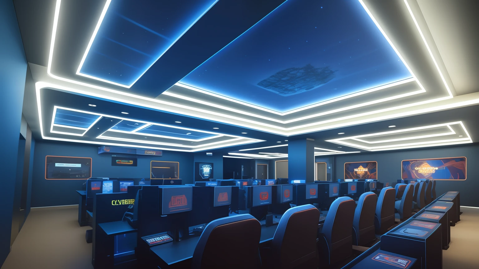 a cyber gaming center ( masterpiece) ( best quality) blue ceramic tile floor , blue plaster ceilling , neon light , glossy, window in cyber style ,(trees outside the glass wall:1.3) Unreal Engineer 8K, full HD 8K