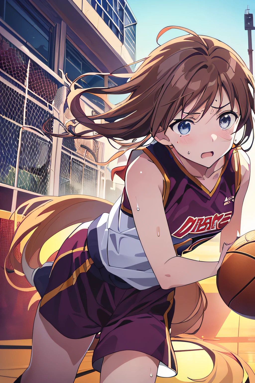 (最好的质量,アニメ,Anime Art Style:1.2), babes, ars, the sweat、Playing Basketball,Intense angle、Strenuous movements,looking away,deadpan