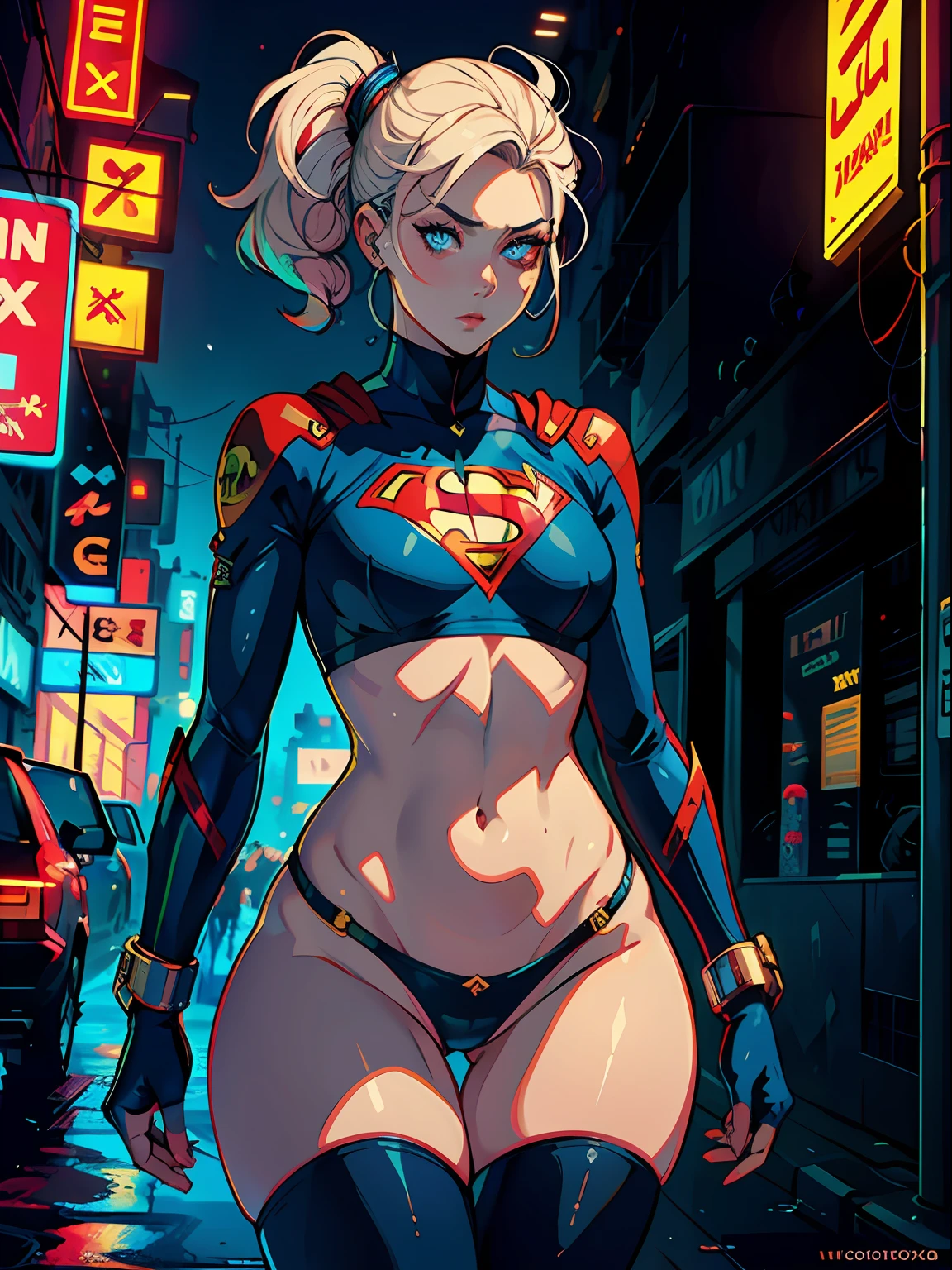 uma pintura digital da supergirl, DC, cabelos longos, loira, arte cyberpunk de Josan Gonzalez, vencedora do concurso behance, afrofuturismo, synthwave, neon, neon brilhante, coxas grossas, cintura fina, sensual, nsfw, pouca roupa, Erotic art, anime, roupas rasgada de batalha, extremamente sexual, corpo suado,, seios grandes, bunda grande, HD, 8k, Alta qualidade, detalhes, corpo perfeito, destaque o corpo,