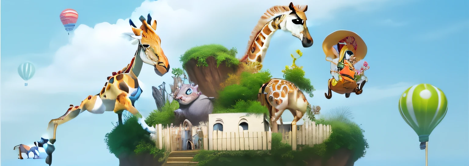 there are many animals that are standing on a small island, Cartoon image, live action children's tv show, film still from an cartoon, children's tv show, animals chasing, 🌻🎹🎼, comical, mario riding a giraffe, animated movie still, No words, Without background, everyone having fun, illustration”, long shot view, 1 9 8 0 s children's show --auto
