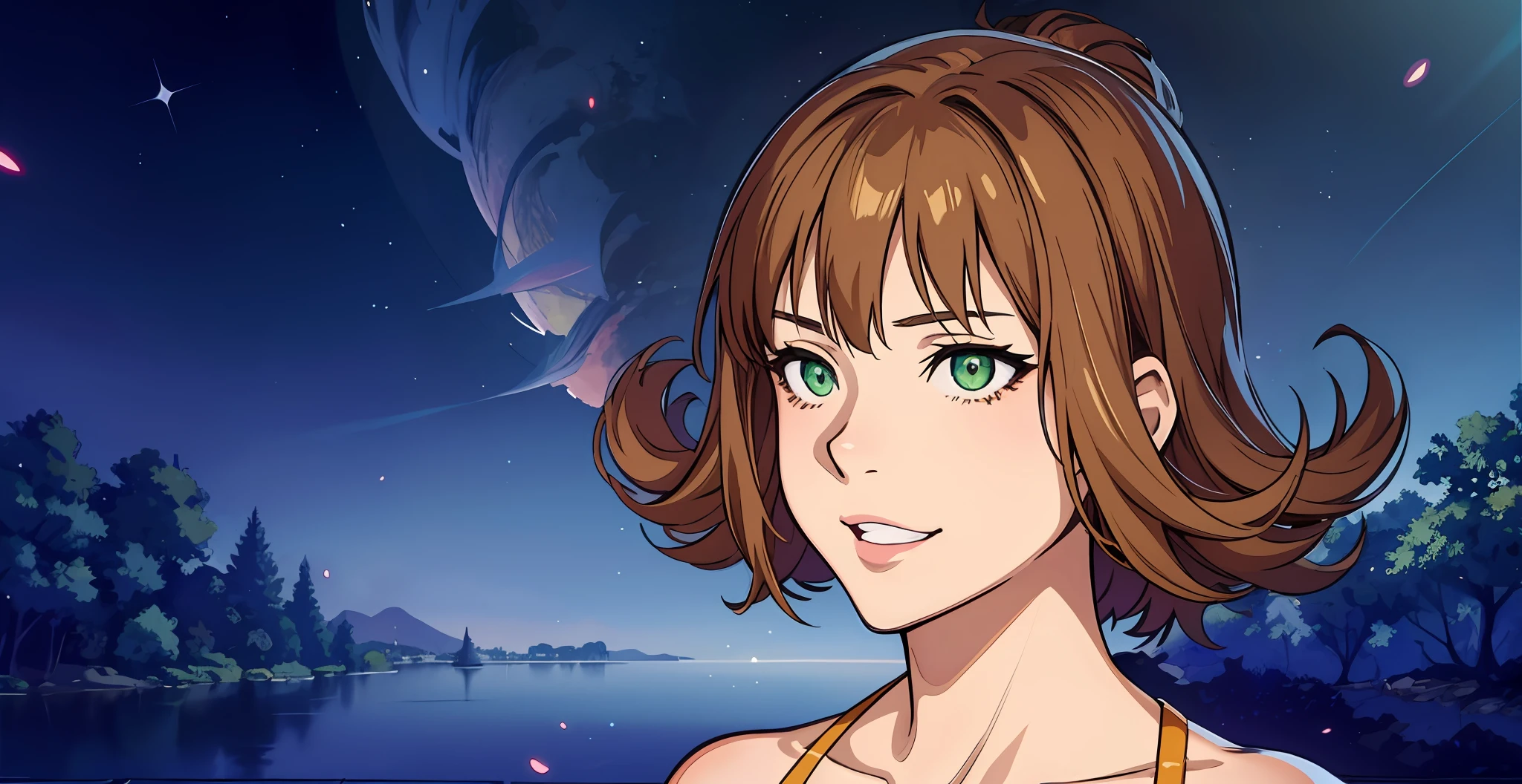 Selphie Tilmitt, green eyes, smile, a close up of a woman with a yellow dress and a lake, Portrait Chevaliers du Zodiaque Fille, Makoto Shinkai ( apex legends ), Smooth anime CG Art, Makoto Shinkai et Artgerm, girls frontline universe, Fine Detail. girls frontline, stunning anime face portrait, 4 k manga wallpaper, Detailed digital anime art, digital anime illustration . (Masterpiece : 1,8), k quality, final fantasy artwork concept, detailed manga eyes, detailed hair, detailed clothes, detailed body, cleaner designs, detailed face pronounced, shiny objects like jewels, see creases on clothes, more coherent clothing, more rounded eyes transparent liquid globular, more colors, more coherent clothing , correct the features of the clothes, better eyes contour, better shoulders, really colorful, coarser line, black line, finishing . (coarser line) (black line) (honeous rendering: 1.3)