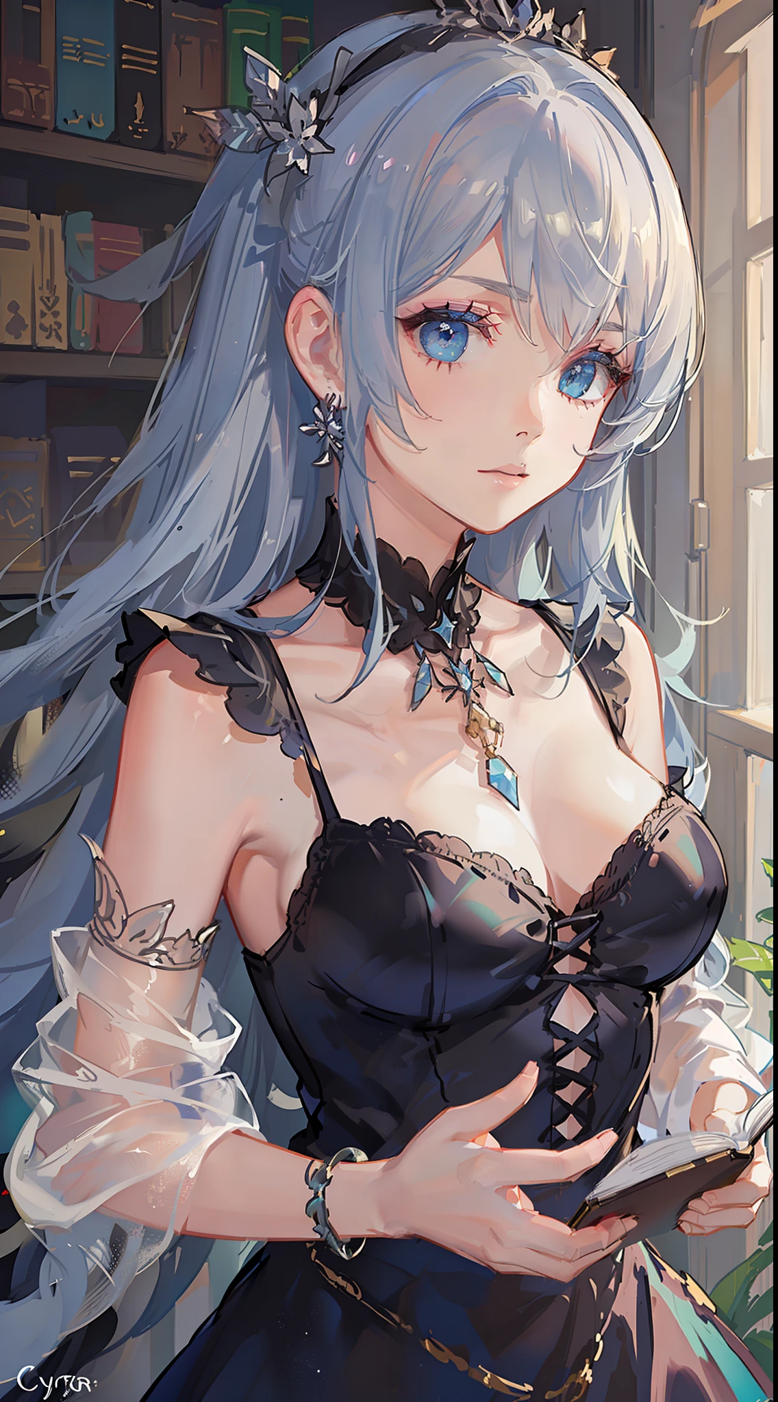 small girl, Long silver hair, Cyan eyes, blue dress, хмурая, book, Masterpiece, high qulity