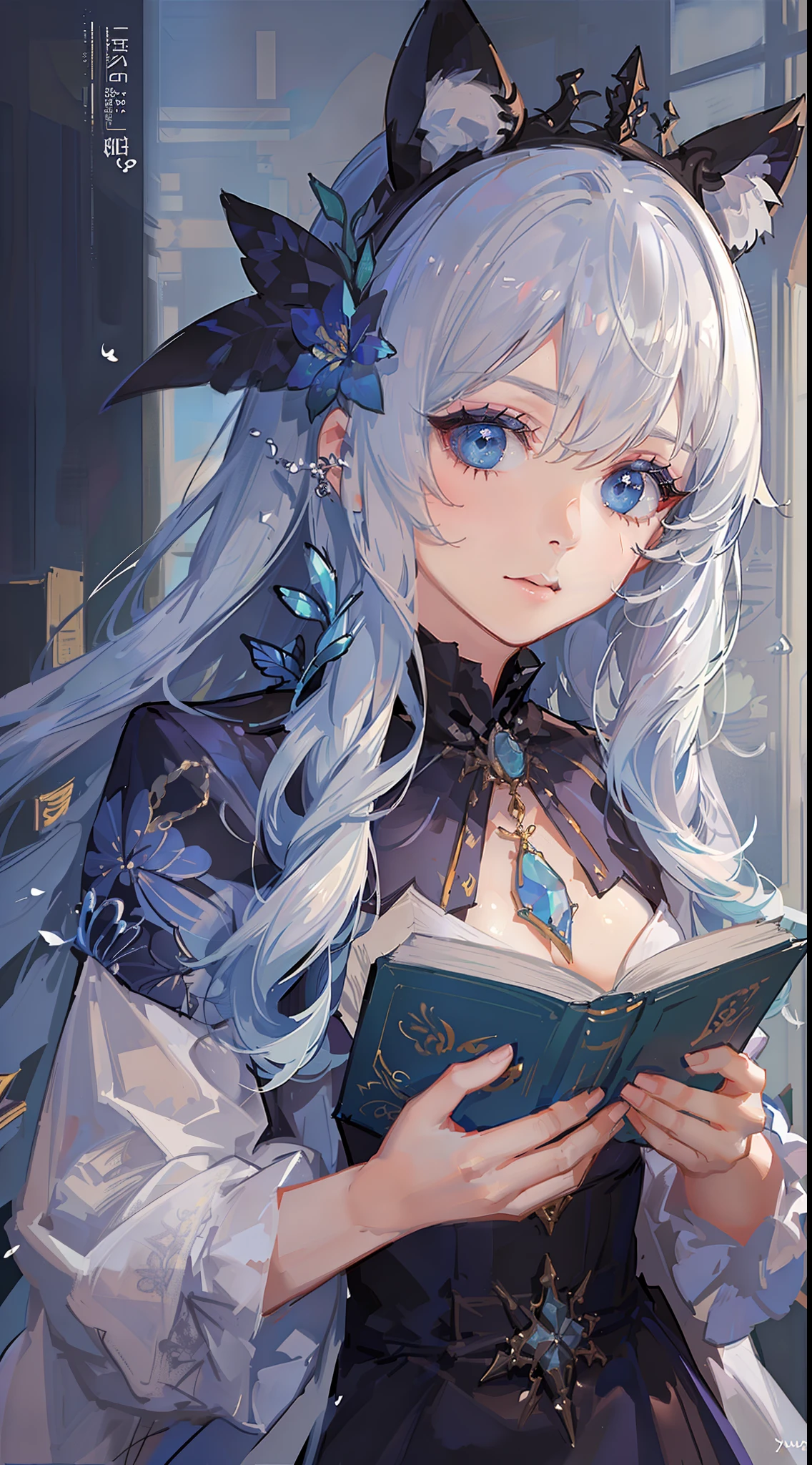 small girl, Long silver hair, Cyan eyes, blue dress, хмурая, book, Masterpiece, high qulity