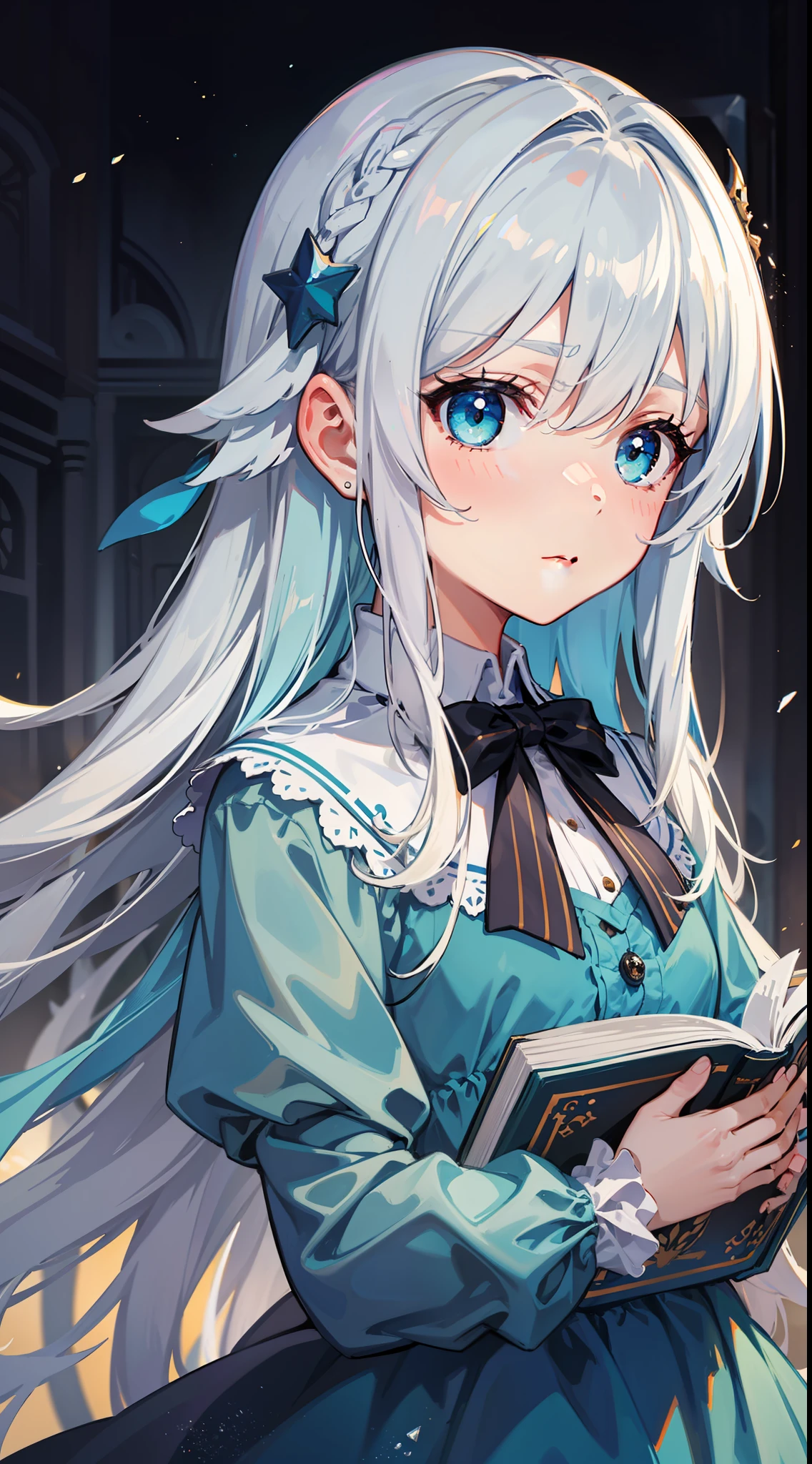 small girl, Long silver hair, Cyan eyes, blue dress, хмурая, book, Masterpiece, high qulity