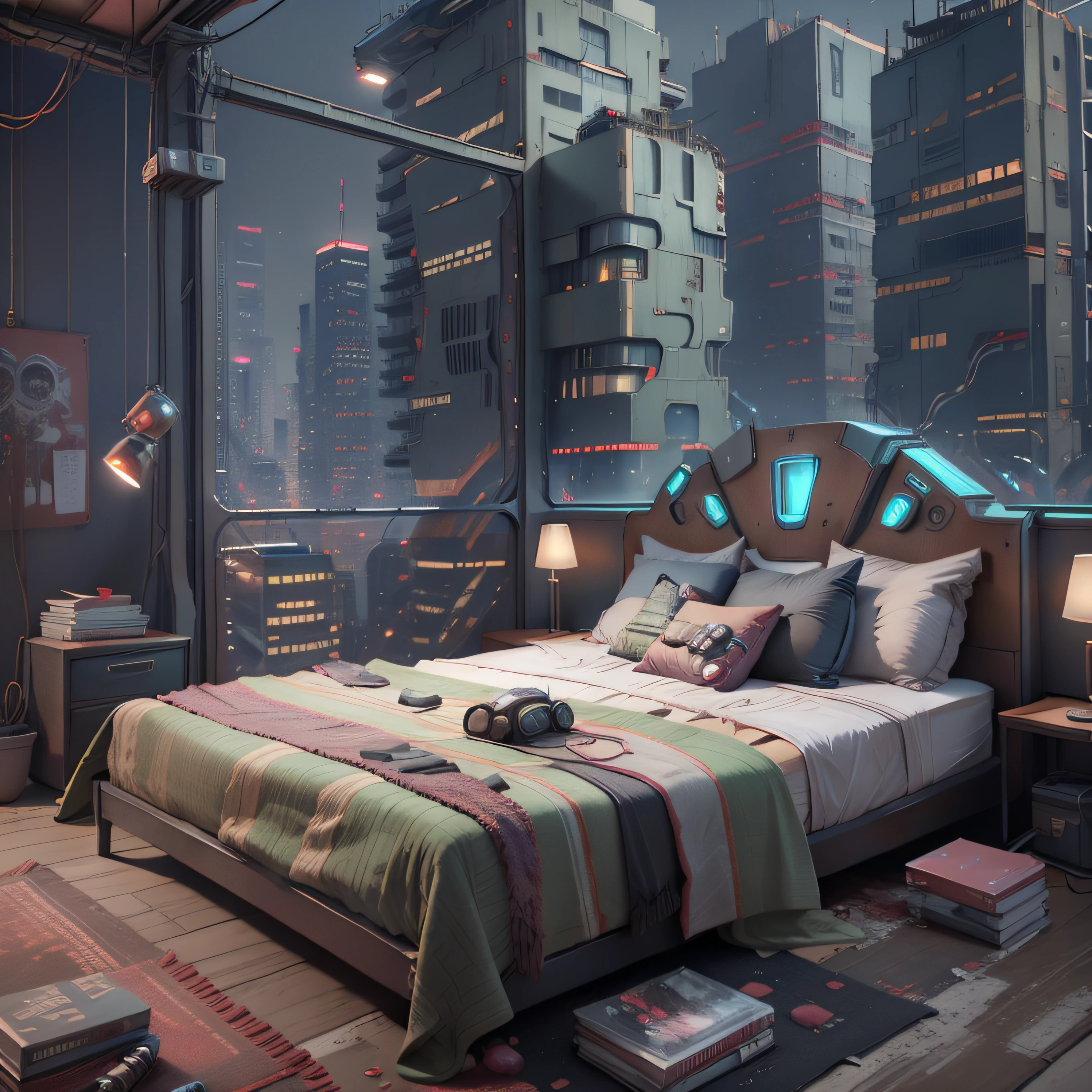 arafed view of a bedroom with a city view at night, cyberpunk bedroom at night, the cyberpunk apartment, cyberpunk apartment, cyberpunk teenager bedroom, bladerunner apartment, dystopian city apartment, hyper-realistic cyberpunk style, cyberpunk setting, photorealistic cinematic render, 3 d render beeple, beautiful and cinematic lighting, 8 k sensual lighting, night time render