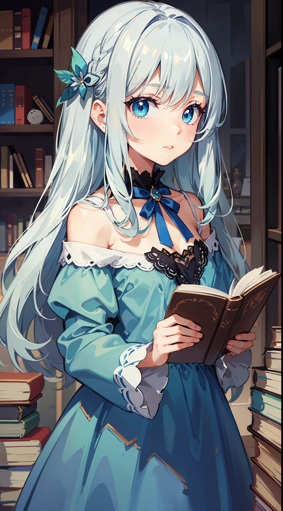 , Long silver hair, Cyan eyes, blue dress, хмурая, book, Masterpiece, high qulity