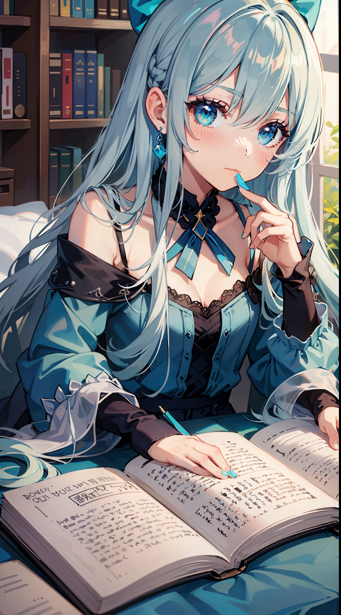 small girl, Long silver hair, Cyan eyes, blue dress, хмурая, book, Masterpiece, high qulity