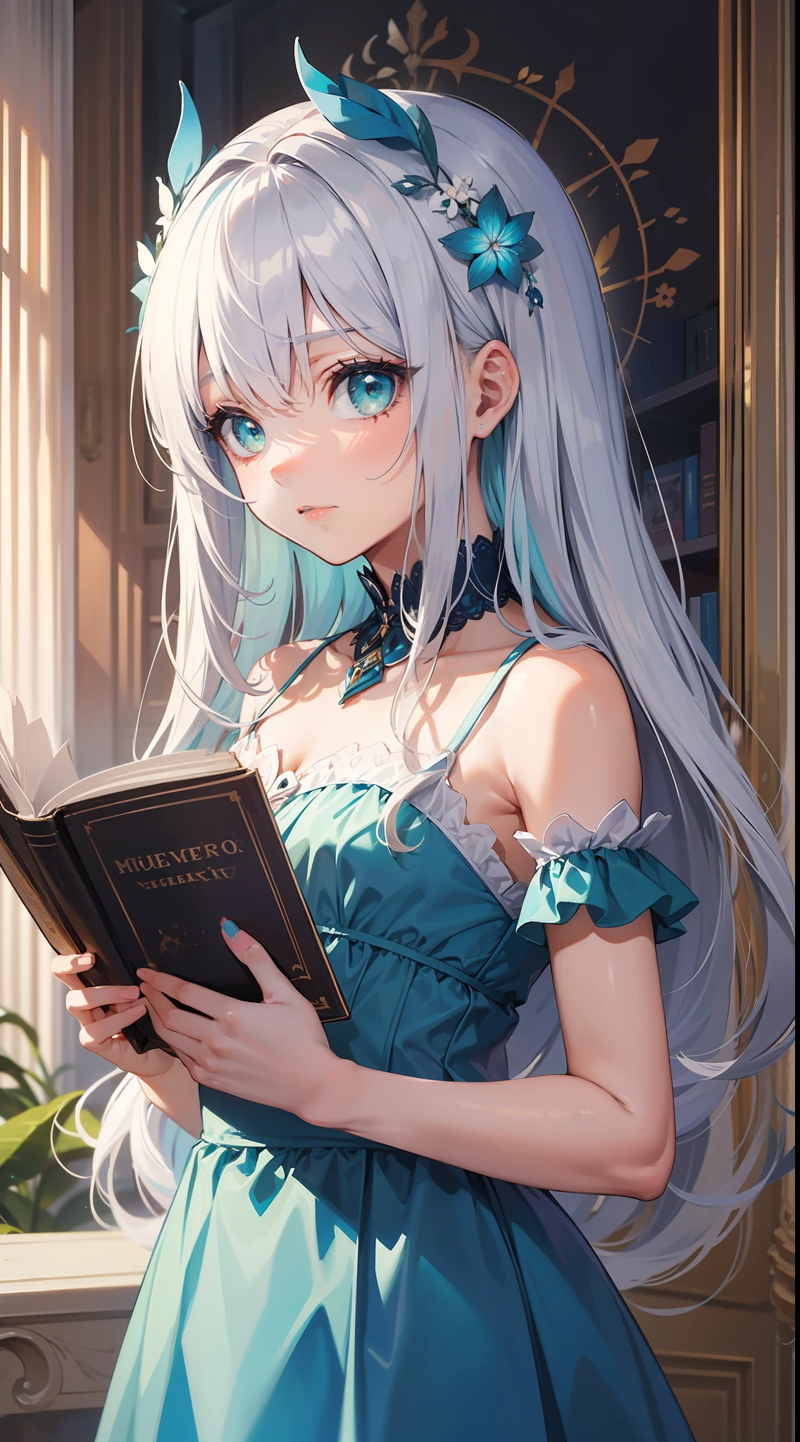 small girl, Long silver hair, Cyan eyes, blue dress, хмурая, book, Masterpiece, high qulity