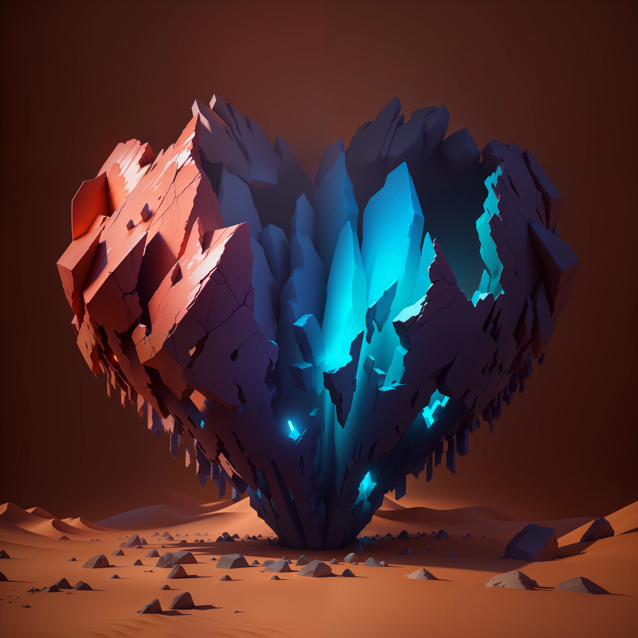 there is a heart shaped object made of rocks in the desert, volumetric light, Estilo de Arte Heartstone Original, arte conceitual emocional, inspirado em Mike Winkelmann, 3 d render stylized, renderizado em octanagem, 8k arte impressionante, 3 d renderizado em octanagem, inspirado em Christopher Balaskas, 3d renderizado em octanagem, arte renderizada, 3 d render bipe