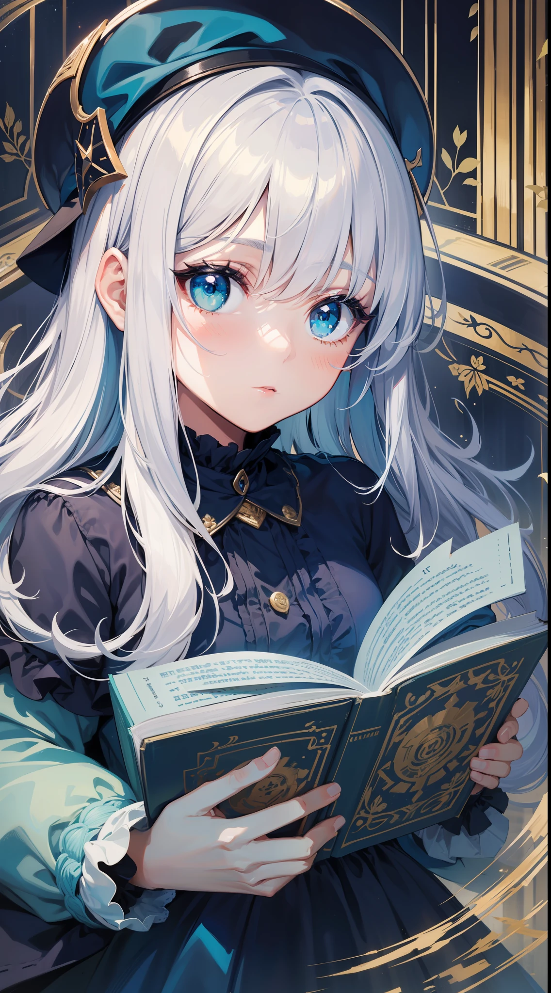 small girl, Long silver hair, Cyan eyes, blue dress, хмурая, book, Masterpiece, high qulity